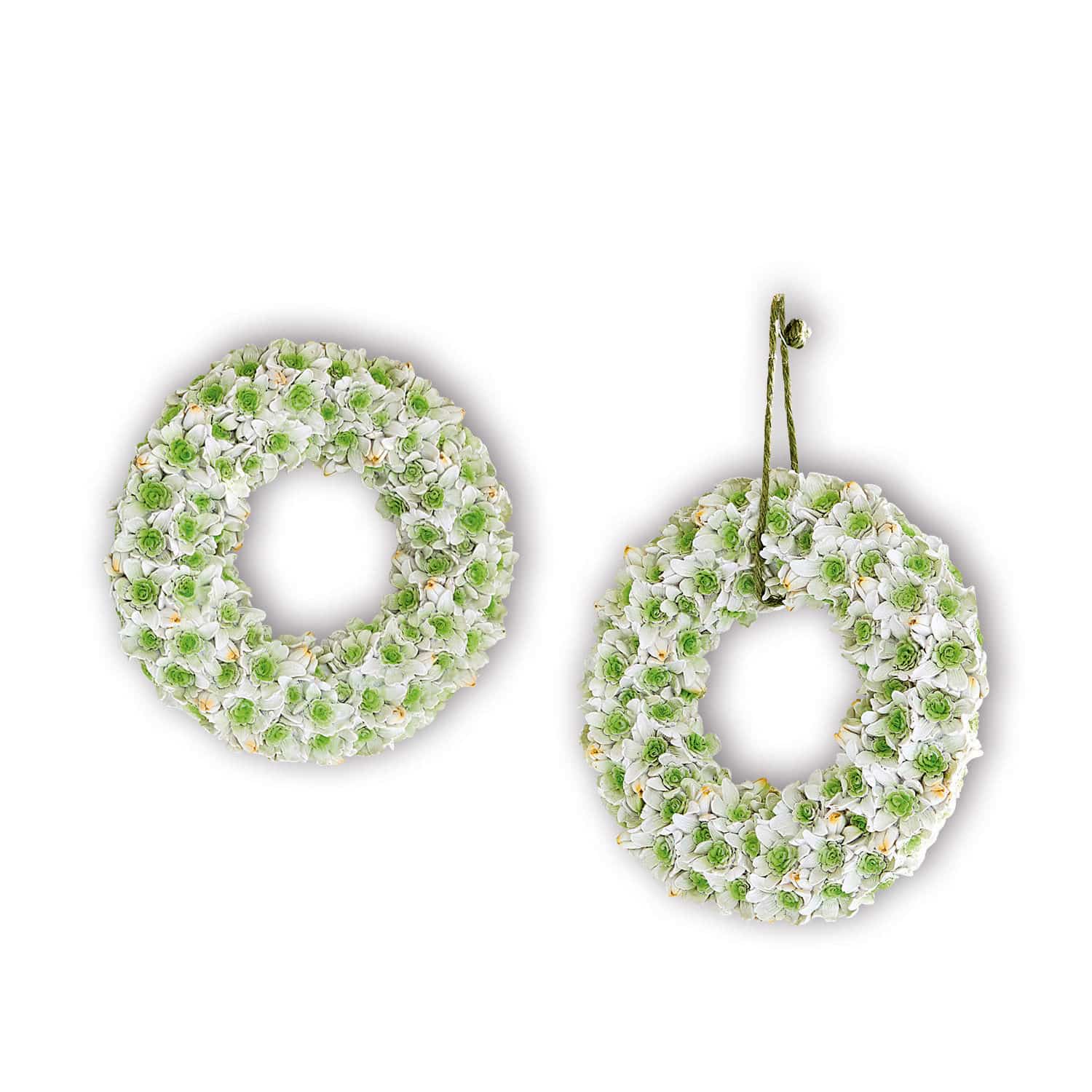 Lot de 2 couronnes Willmare Couronne décorative en fleurs blanches et vertes, suspension murale pour décoration intérieure
