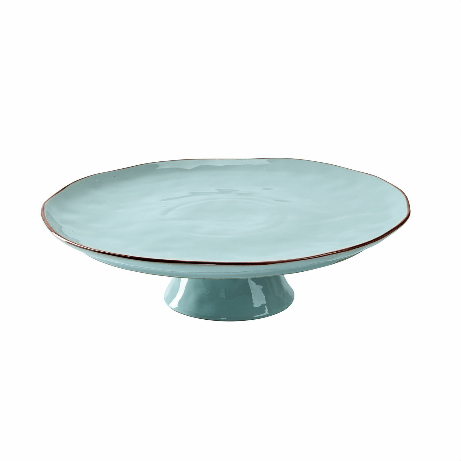 turquoise Plateau en céramique turquoise sur pied avec bord brun pour présenter gâteaux et desserts