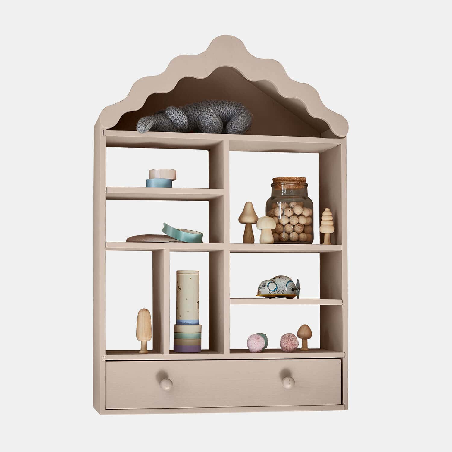 Étagère murale pour enfant Minnora Étagère beige en bois en forme de maison avec tiroir et décorations en bois et verre