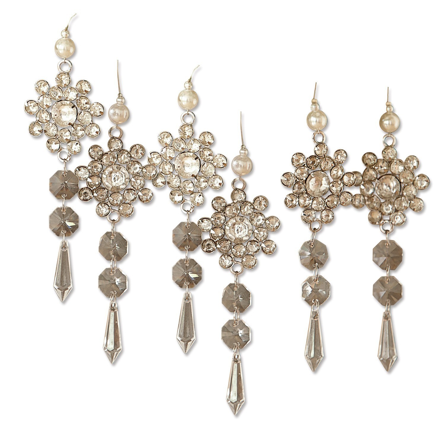 Lot de 6 décorations à suspendre Fleurette Ensemble de cinq décorations suspendues argentées avec cristaux et perles pour Noël