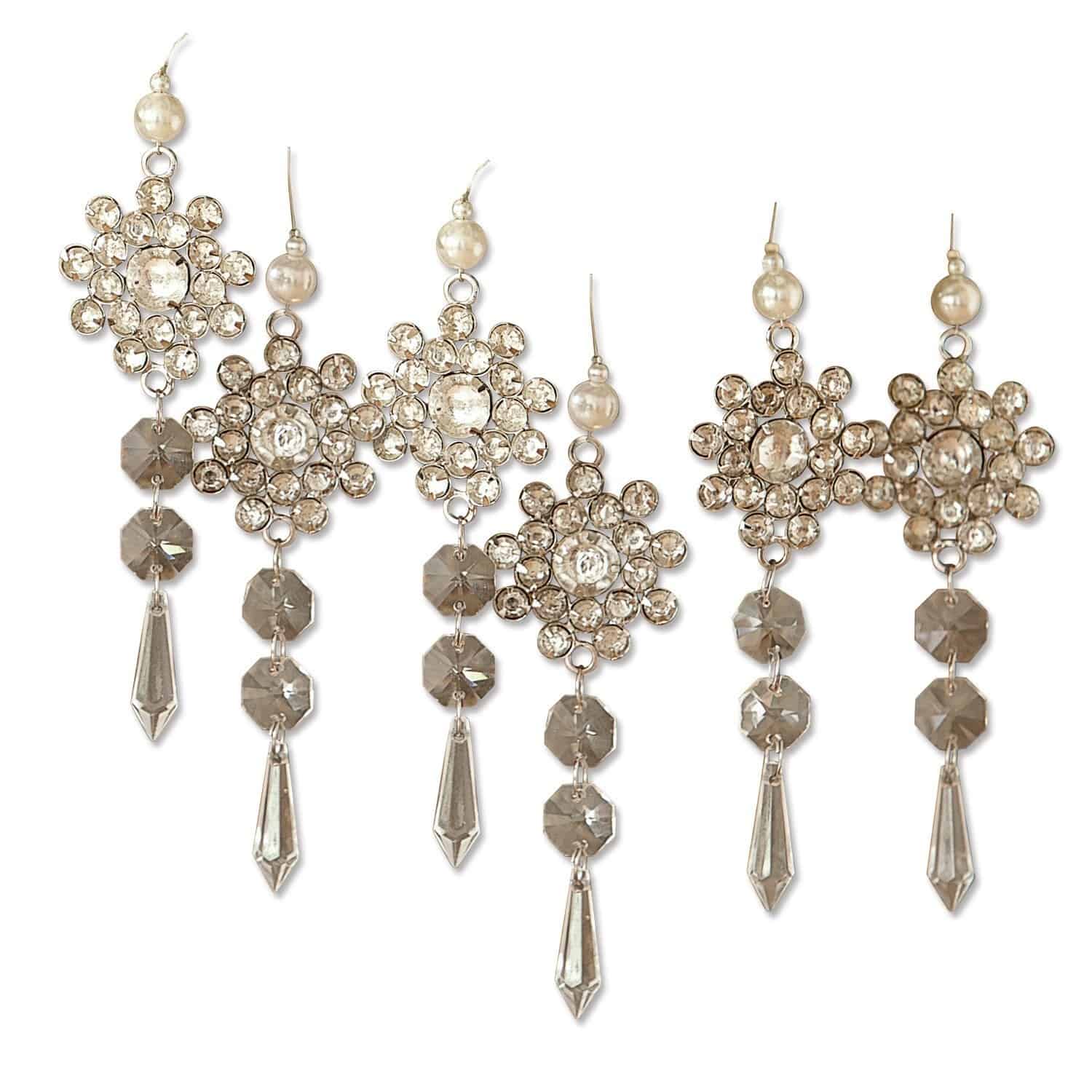 Lot de 6 décorations à suspendre Fleurette Ensemble de cinq décorations suspendues argentées avec cristaux et perles pour Noël