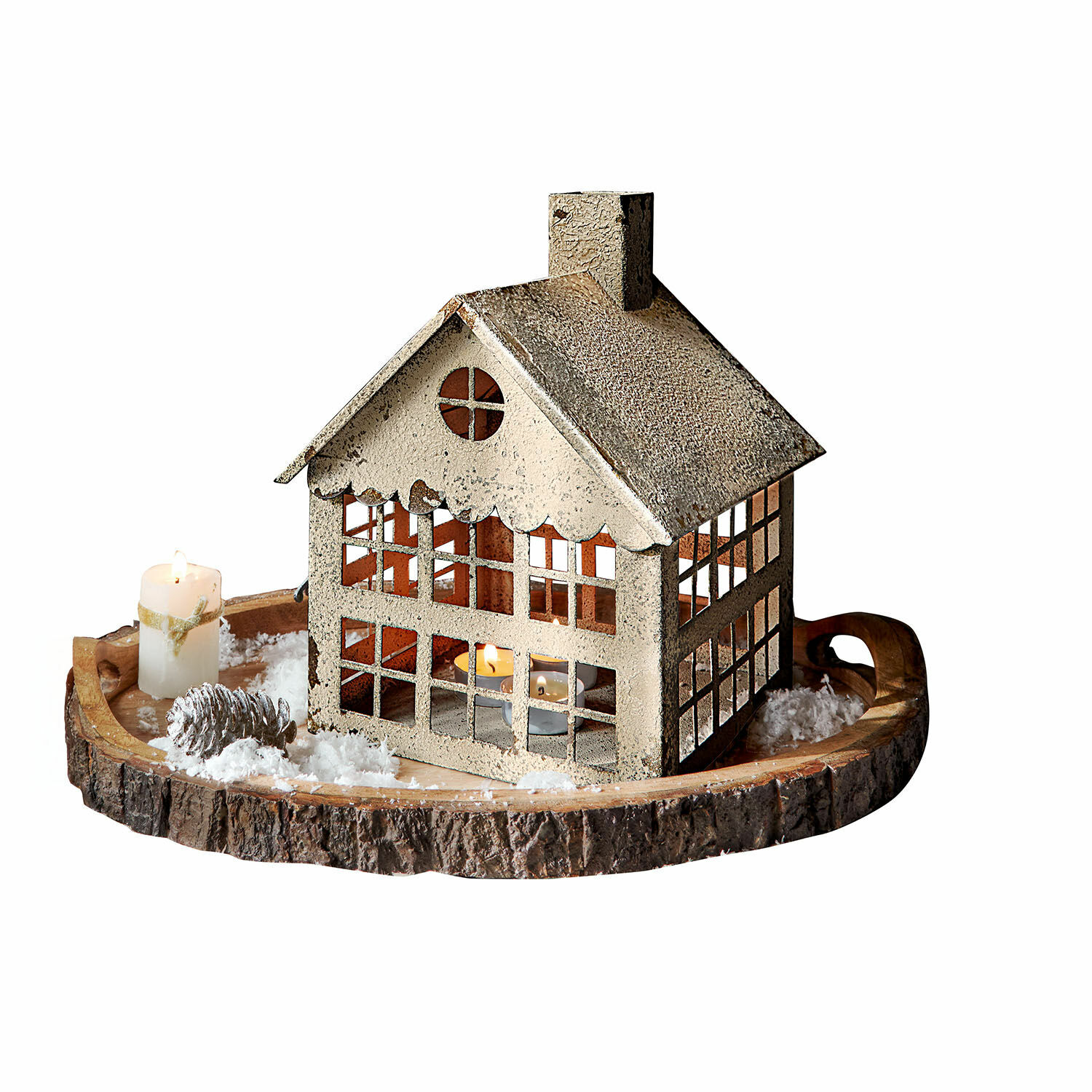 Lanterne Bjornvik Lanterne en métal en forme de maison sur plateau en bois avec décoration de Noël et bougies