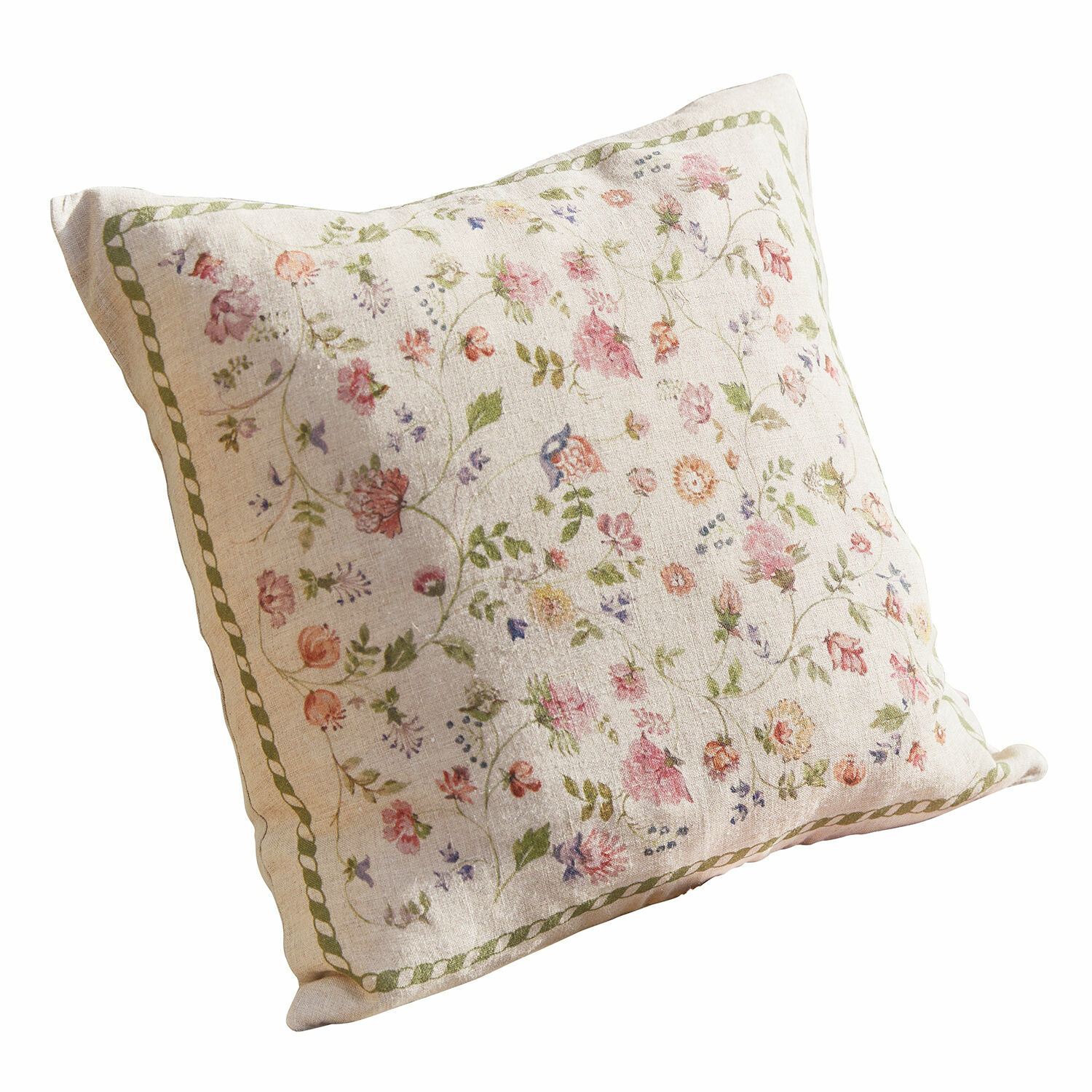 Housse de coussin Karratha Coussin décoratif en coton crème avec motif floral coloré et bordure verte délicate