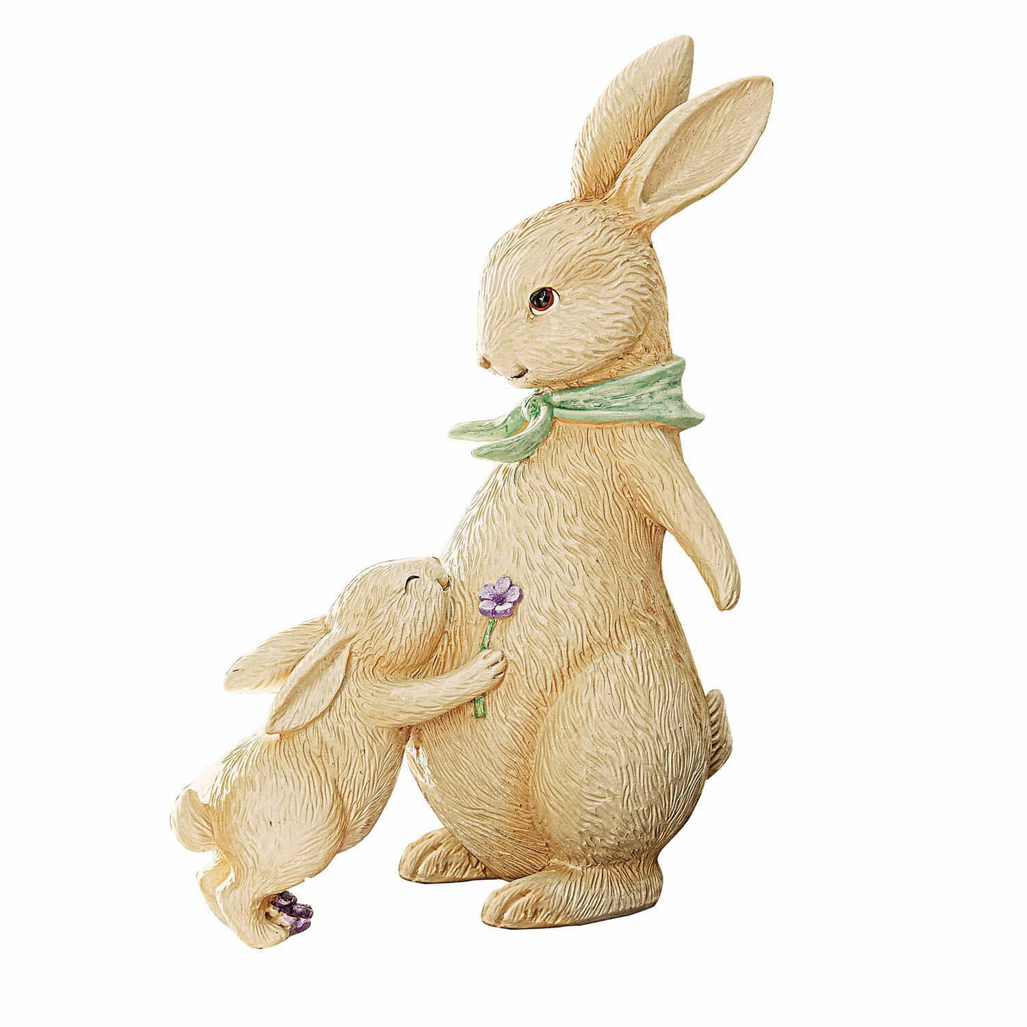 Lapins décoratifs Susans Figurine de deux lapins en résine beige avec foulard vert et fleur violette, décoration printanière
