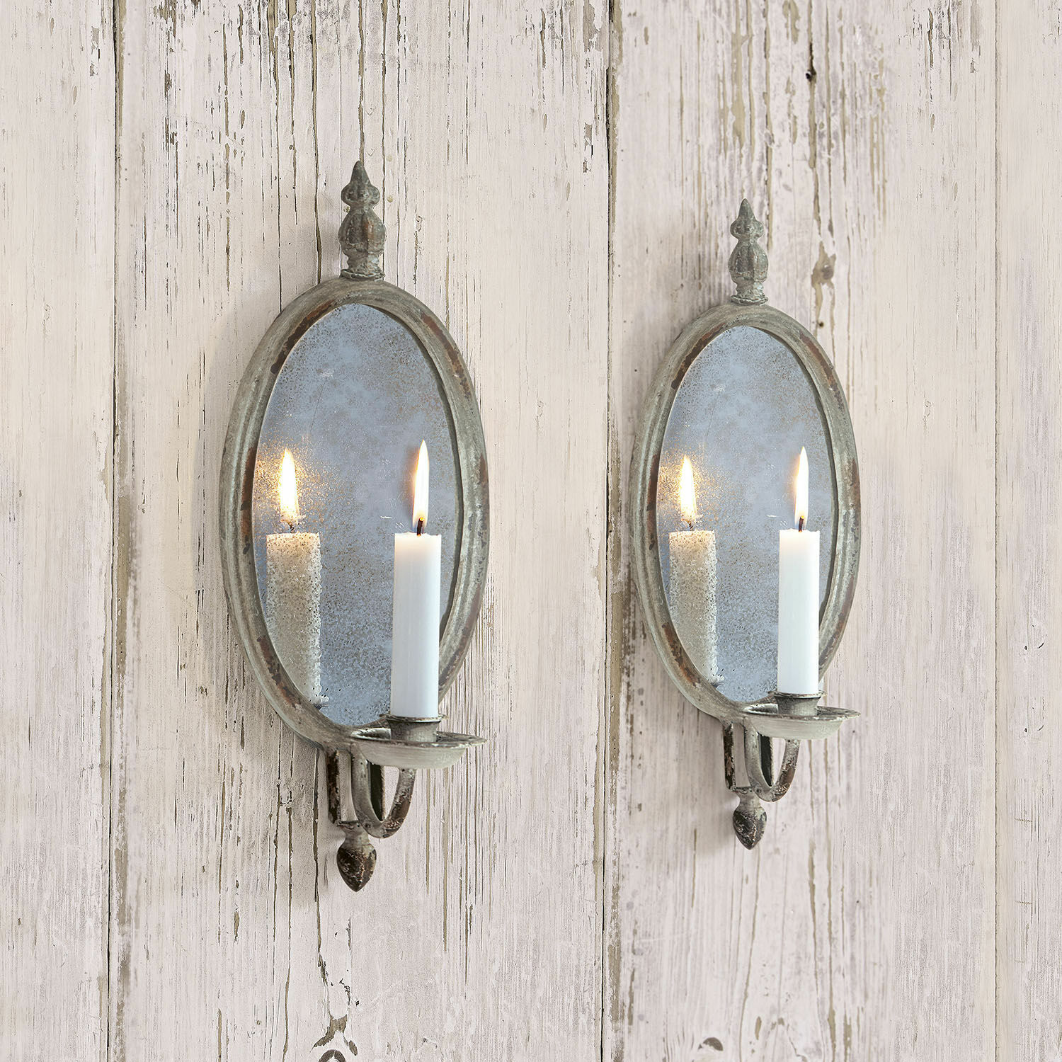 Bougeoir Eugene Paire d'appliques murales en métal avec miroir ovale et bougie blanche pour décoration rustique