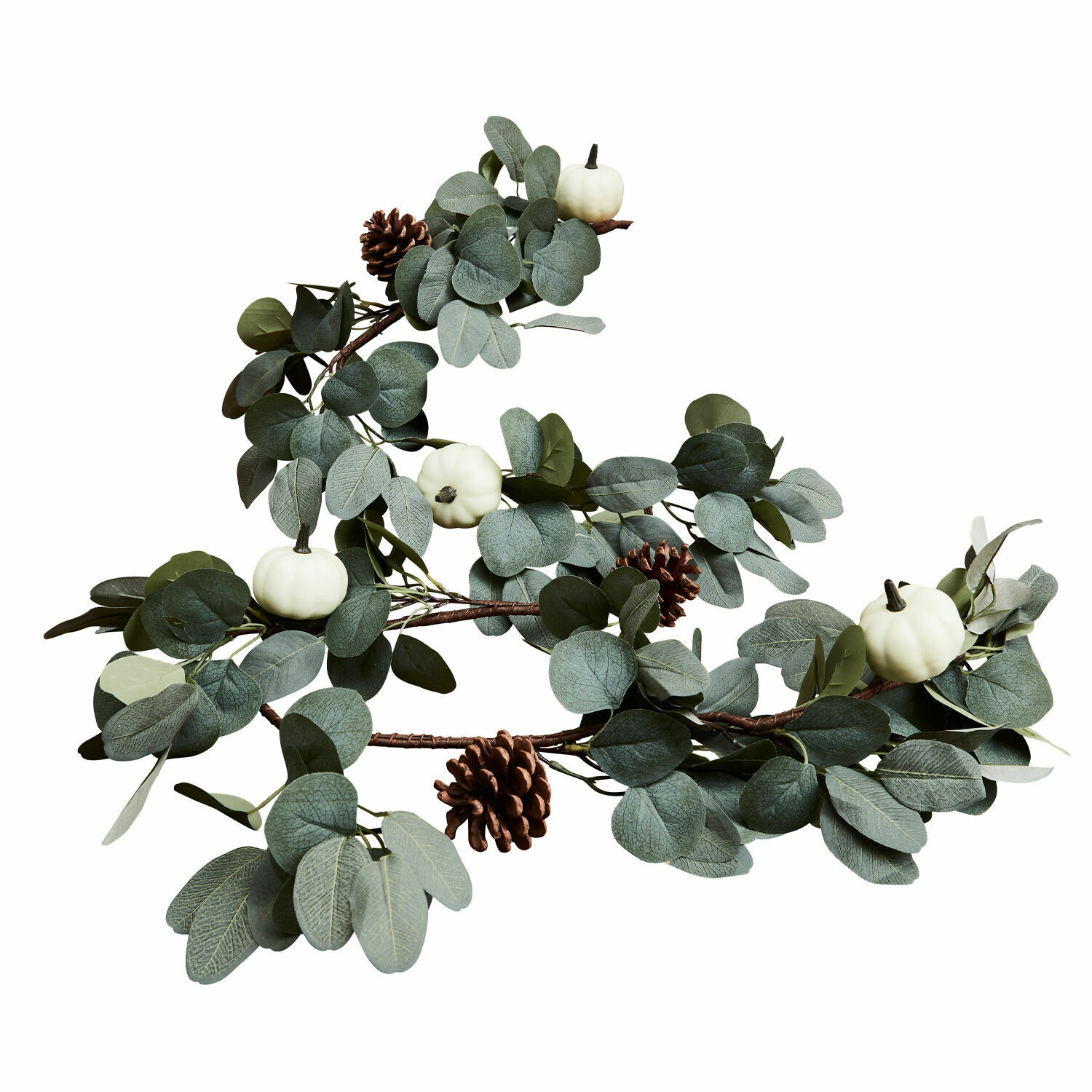Guirlande Belfays Guirlande décorative avec feuilles d'eucalyptus, petites citrouilles blanches et pommes de pin, tons verts et bruns