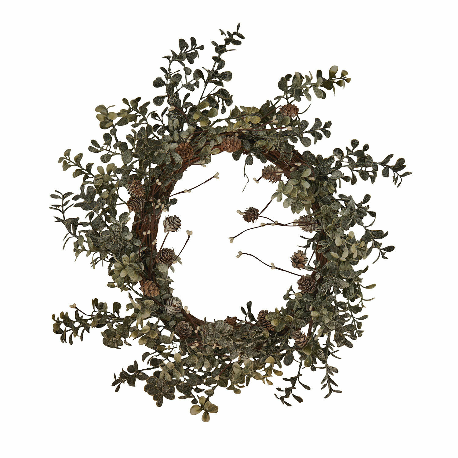 Couronne Veloume Couronne décorative en feuilles vertes et pommes de pin sur base naturelle en branches