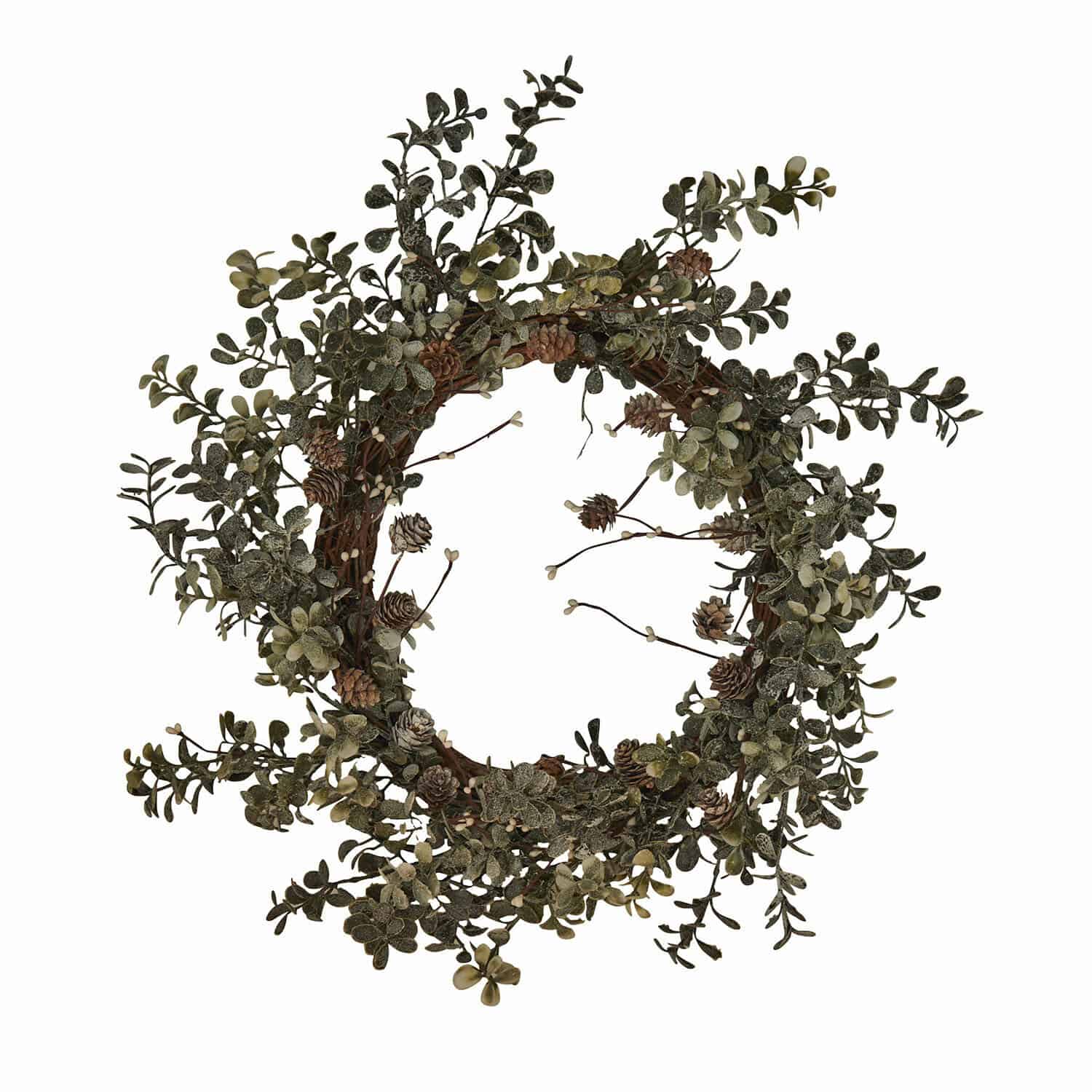Couronne Veloume Couronne décorative en feuilles vertes et pommes de pin sur base naturelle en branches