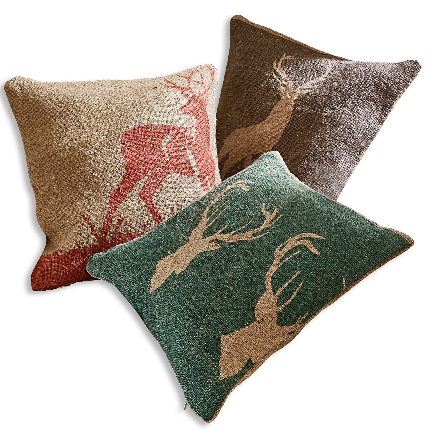 Lot de 3 housses de coussins Shrewton Ensemble de trois coussins décoratifs en jute avec motif cerf dans des couleurs naturelles pour salon