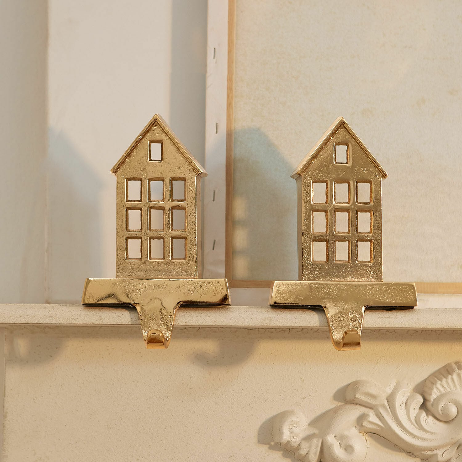 Lot de 2 patères Xanique Décorations dorées en métal en forme de maison avec crochets pour suspendre des décorations sur la cheminée
