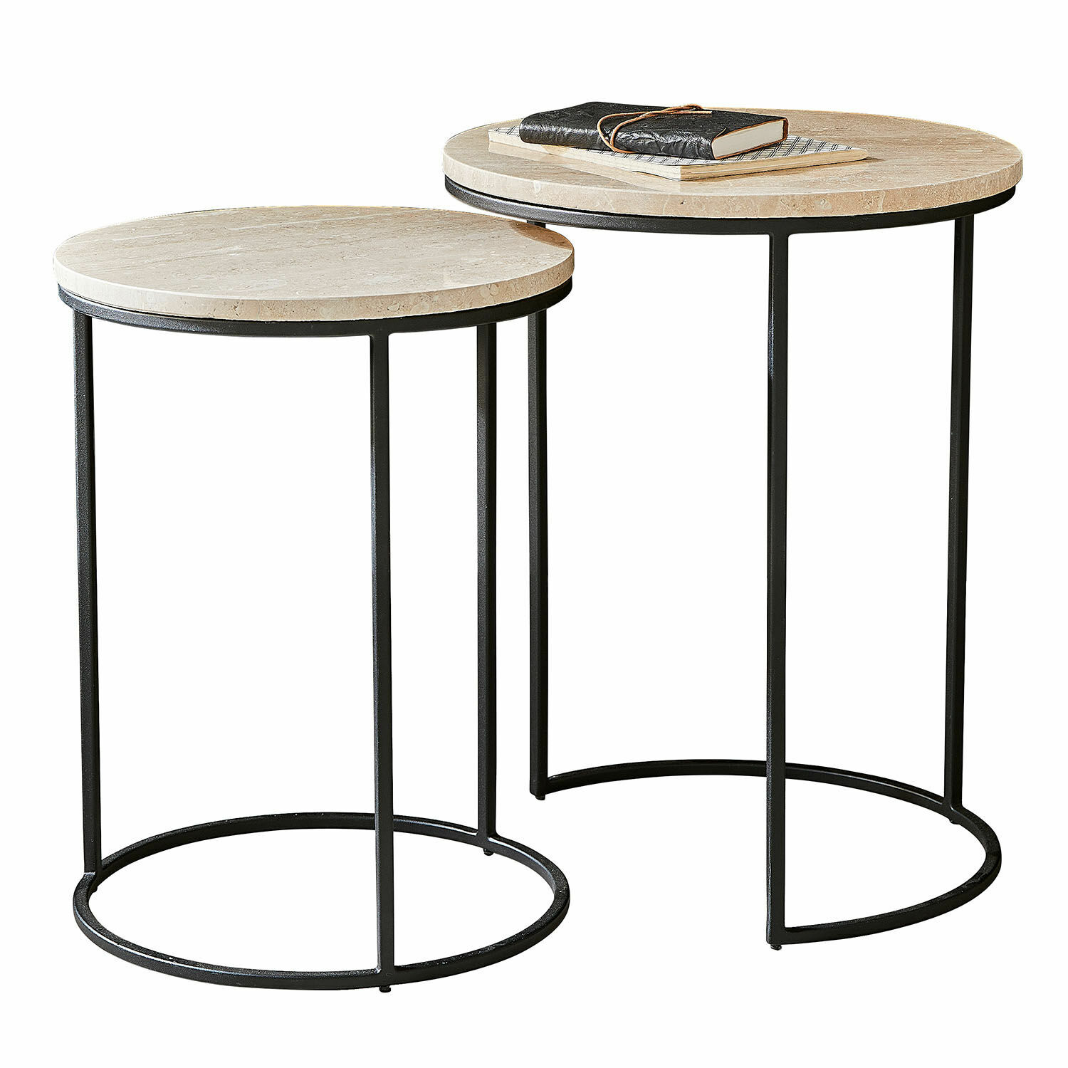 Lot de 2 tables d’appoint Émorieux Ensemble de deux tables rondes avec plateau en marbre beige et base en métal noir
