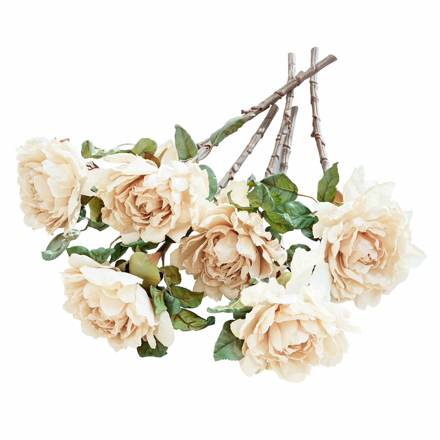Lot de 6 fleurs décoratives Mervix Bouquet de roses artificielles crème avec feuilles vertes sur tiges brunes pour décoration intérieure