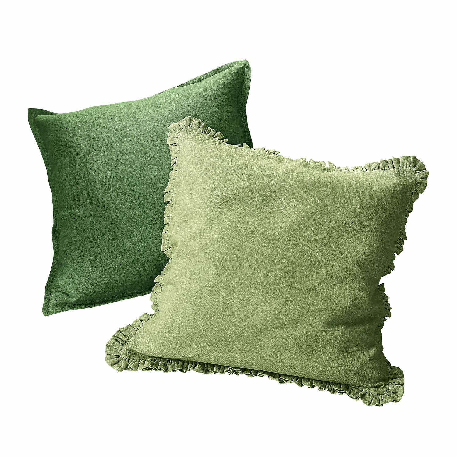 Lot de 2 housses de coussins Mormant Ensemble de deux coussins décoratifs en lin vert, un avec volant, pour salon et chambre