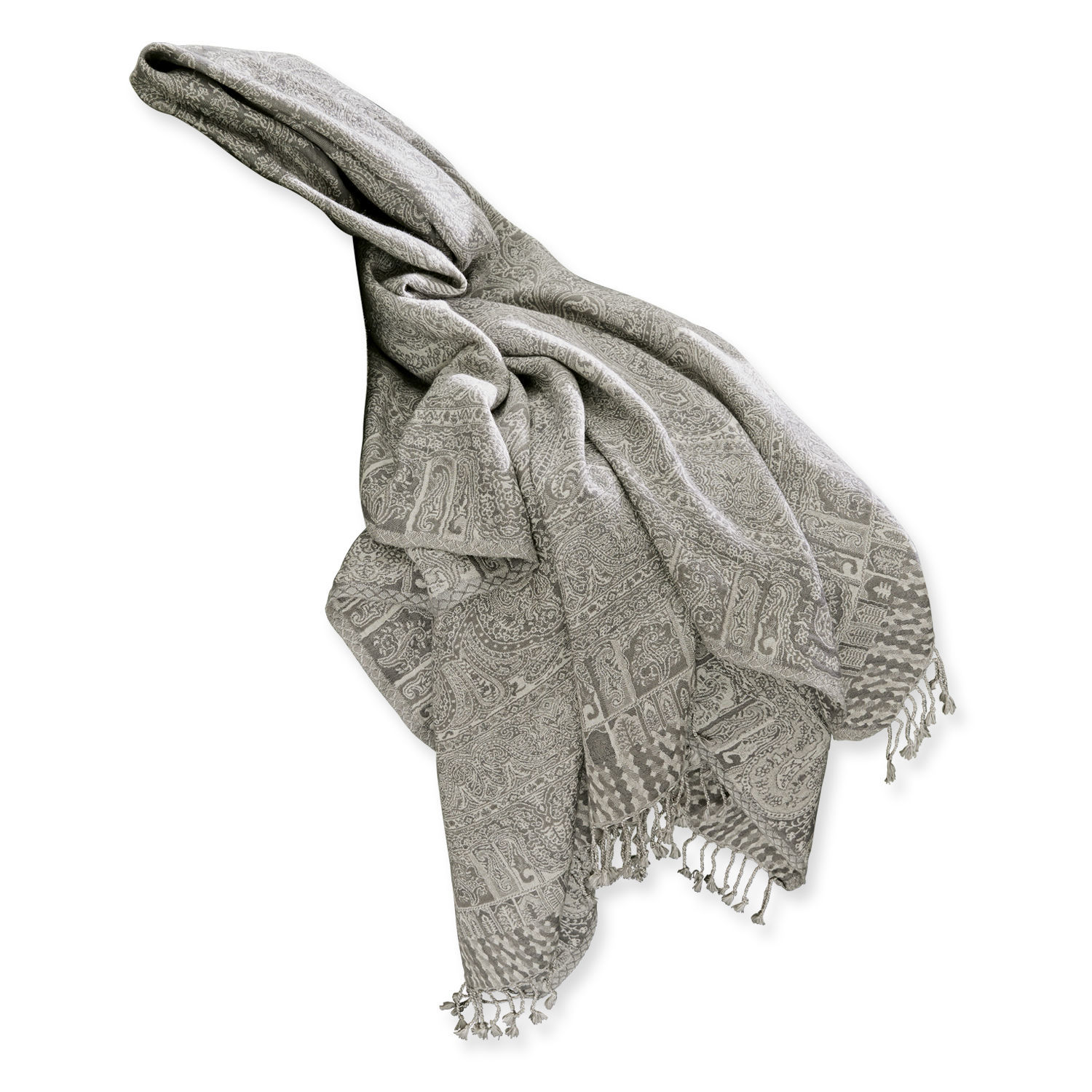 gris Plaid gris avec motif délicat et franges, tissu doux pour décoration intérieure et confort.