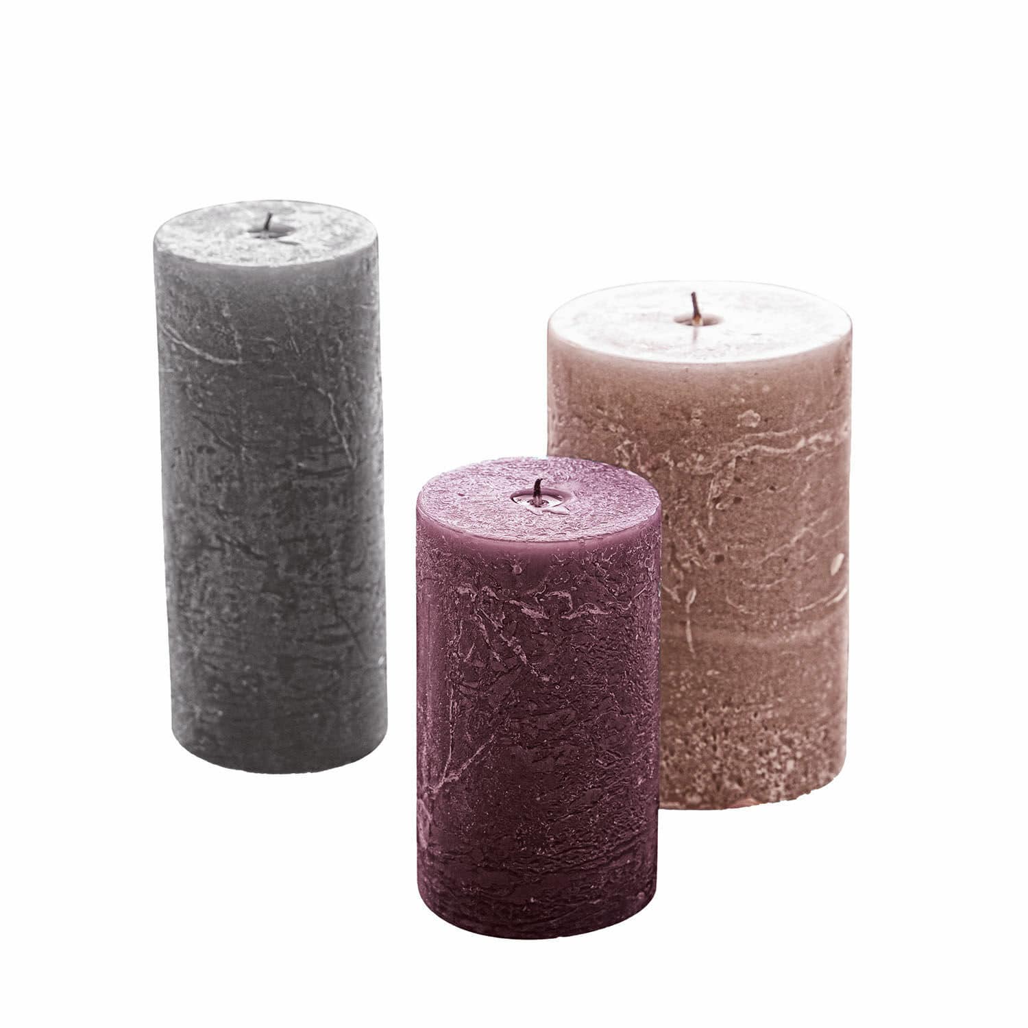 Lot de 3 bougies Pretin Ensemble de trois bougies rustiques en gris, brun et bordeaux pour décoration intérieure