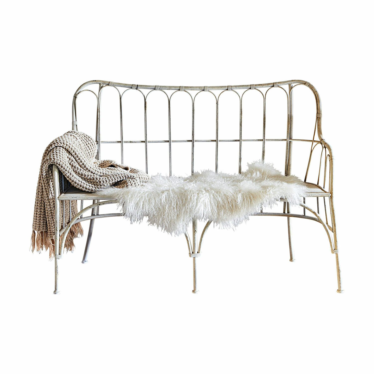 Banc Beauclair Banc en métal blanc style vintage avec couverture en fausse fourrure et plaid tricoté beige