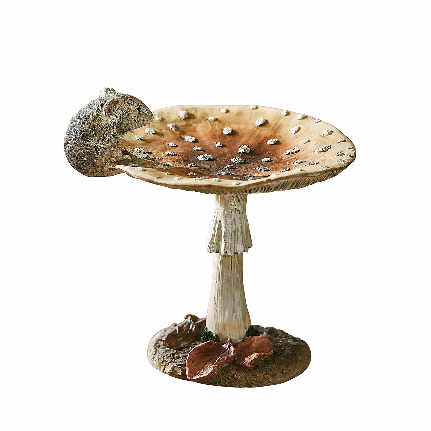 Champignon décoratif Isolise Coupe décorative en forme de champignon avec feuilles brunes et souris grise en résine pour jardin