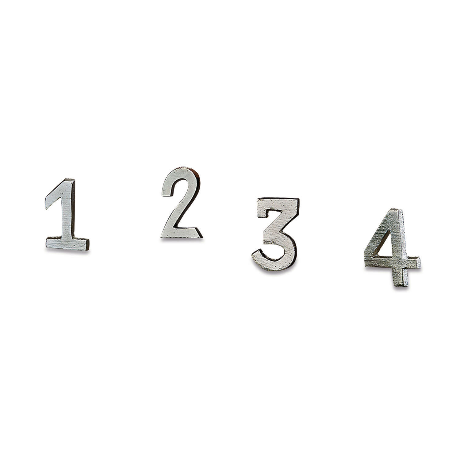 Ensemble de 4 chiffres décoratifs en métal argenté numérotés de 1 à 4 pour décoration.