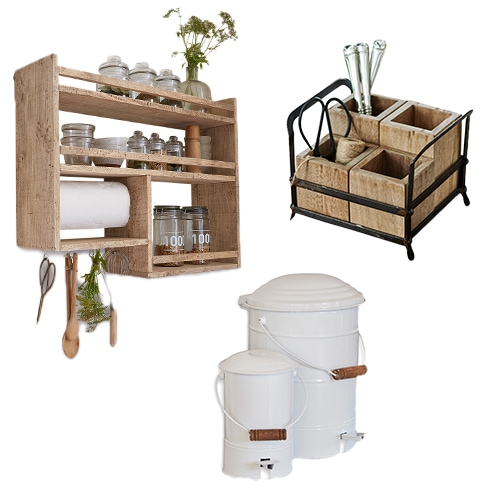Ensemble d'organisateurs de cuisine en bois et seaux métalliques blancs avec robinet pour rangement pratique