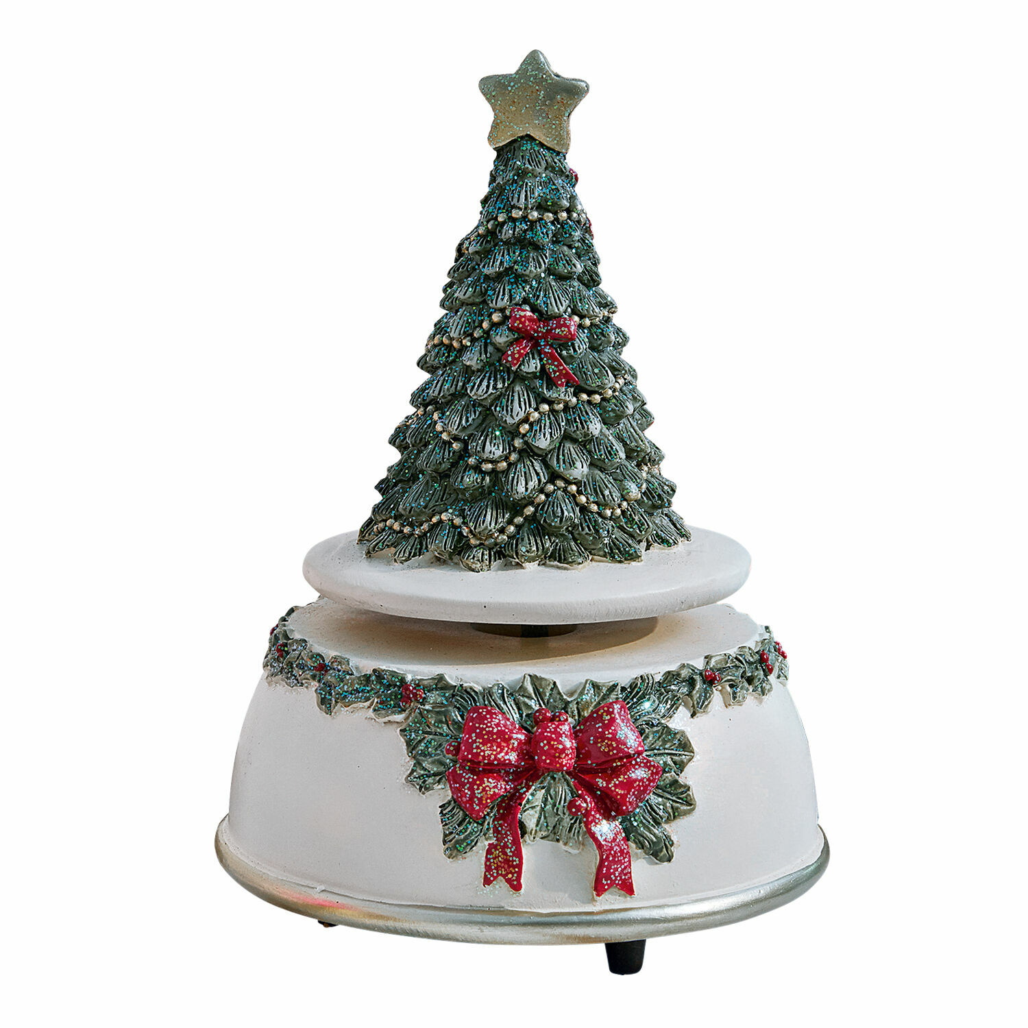 Boîte à musique Rebets Socle blanche décorative avec sapin vert et nœuds rouges pour décoration de Noël
