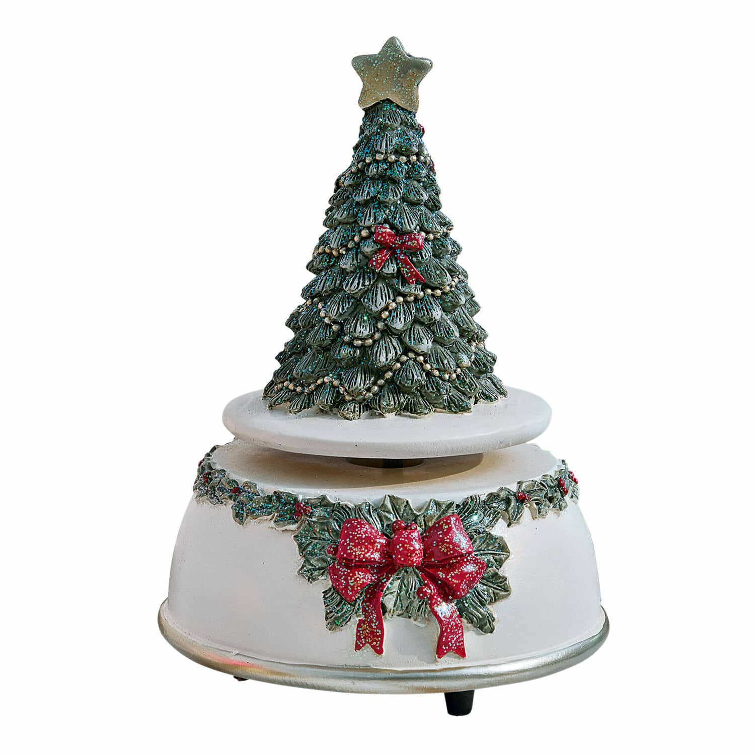 Boîte à musique Rebets Socle blanche décorative avec sapin vert et nœuds rouges pour décoration de Noël
