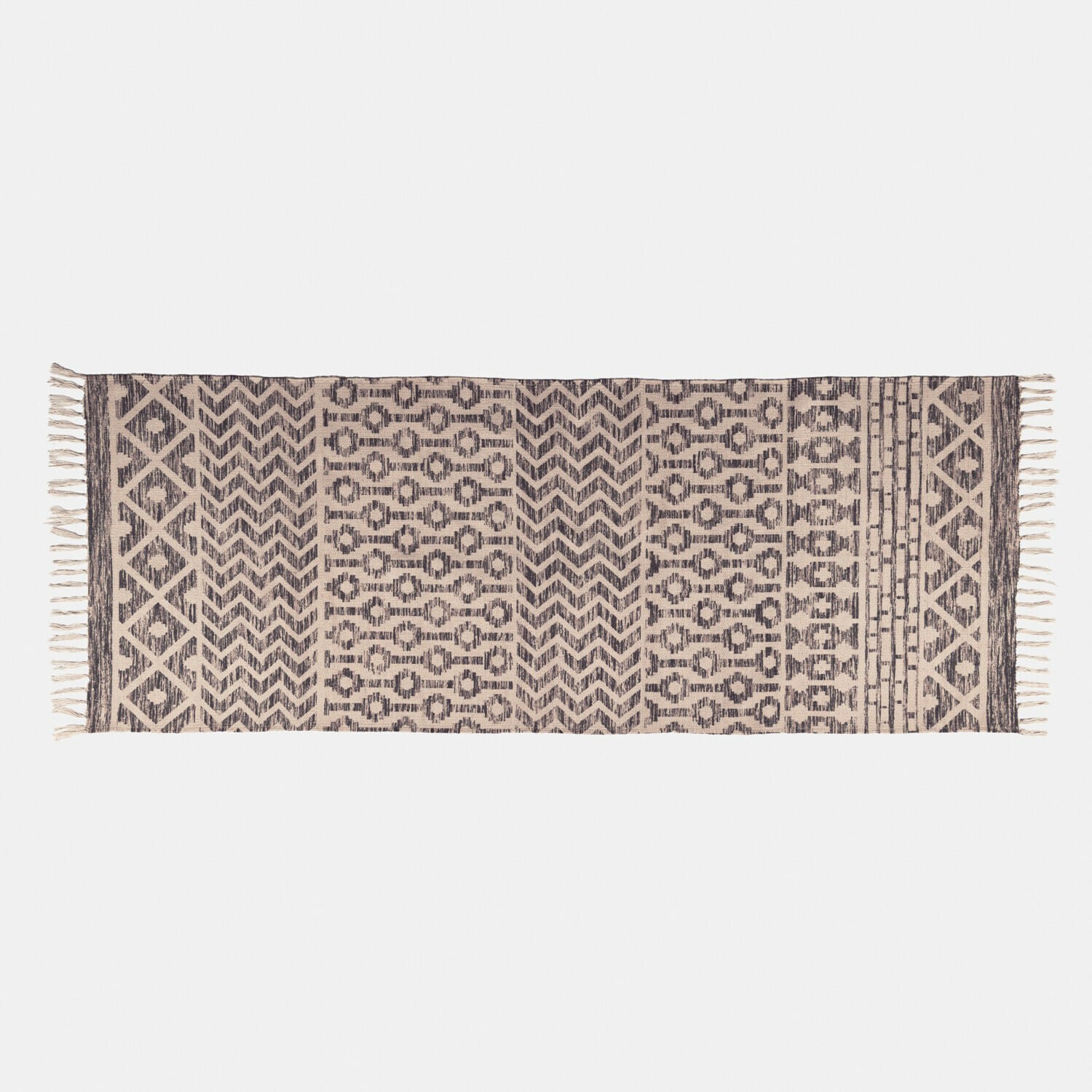 Tapis intérieur et extérieur Champigny Tapis en coton beige avec motifs géométriques noirs et franges, décoration intérieure élégante
