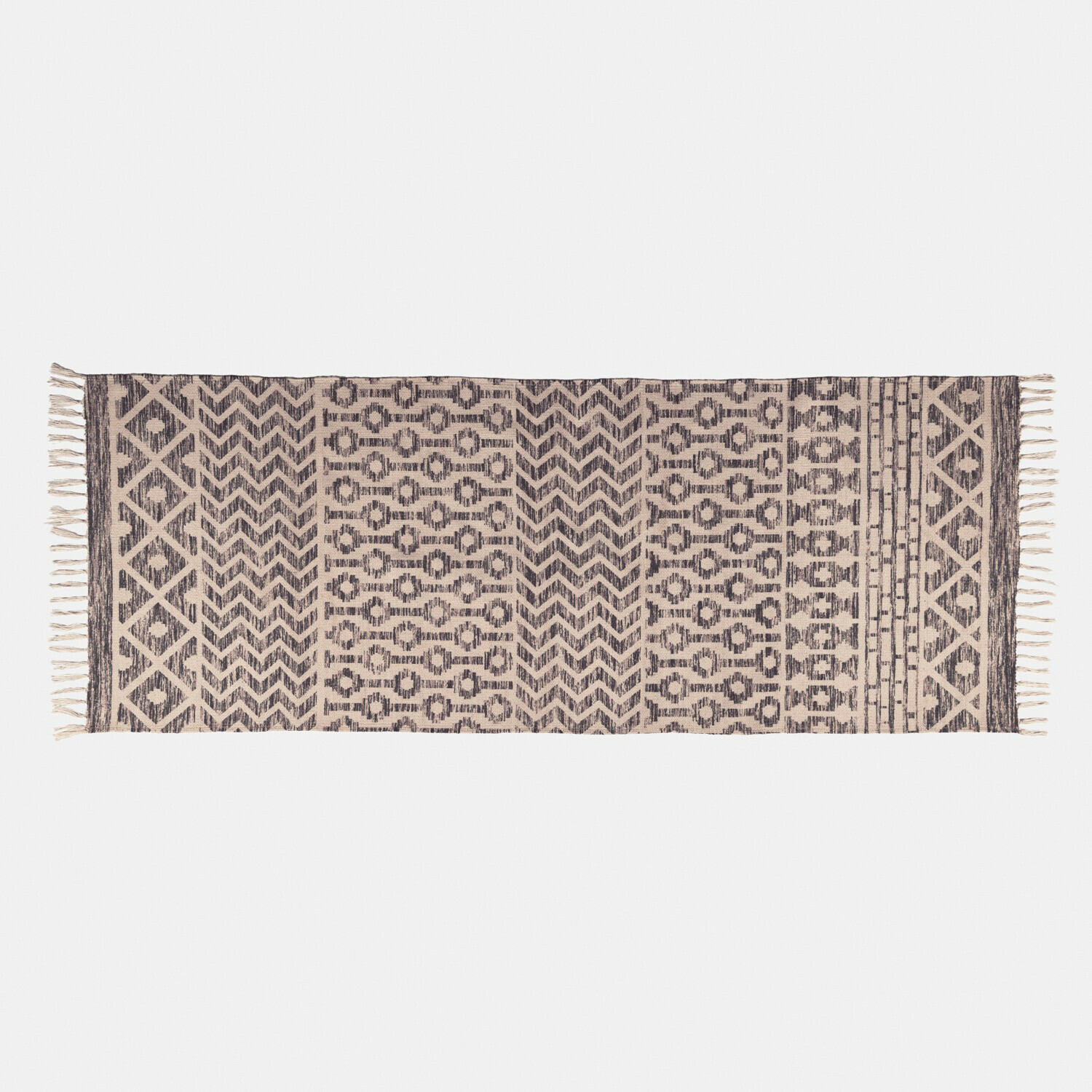 Tapis intérieur et extérieur Champigny Tapis en coton beige avec motifs géométriques noirs et franges, décoration intérieure élégante