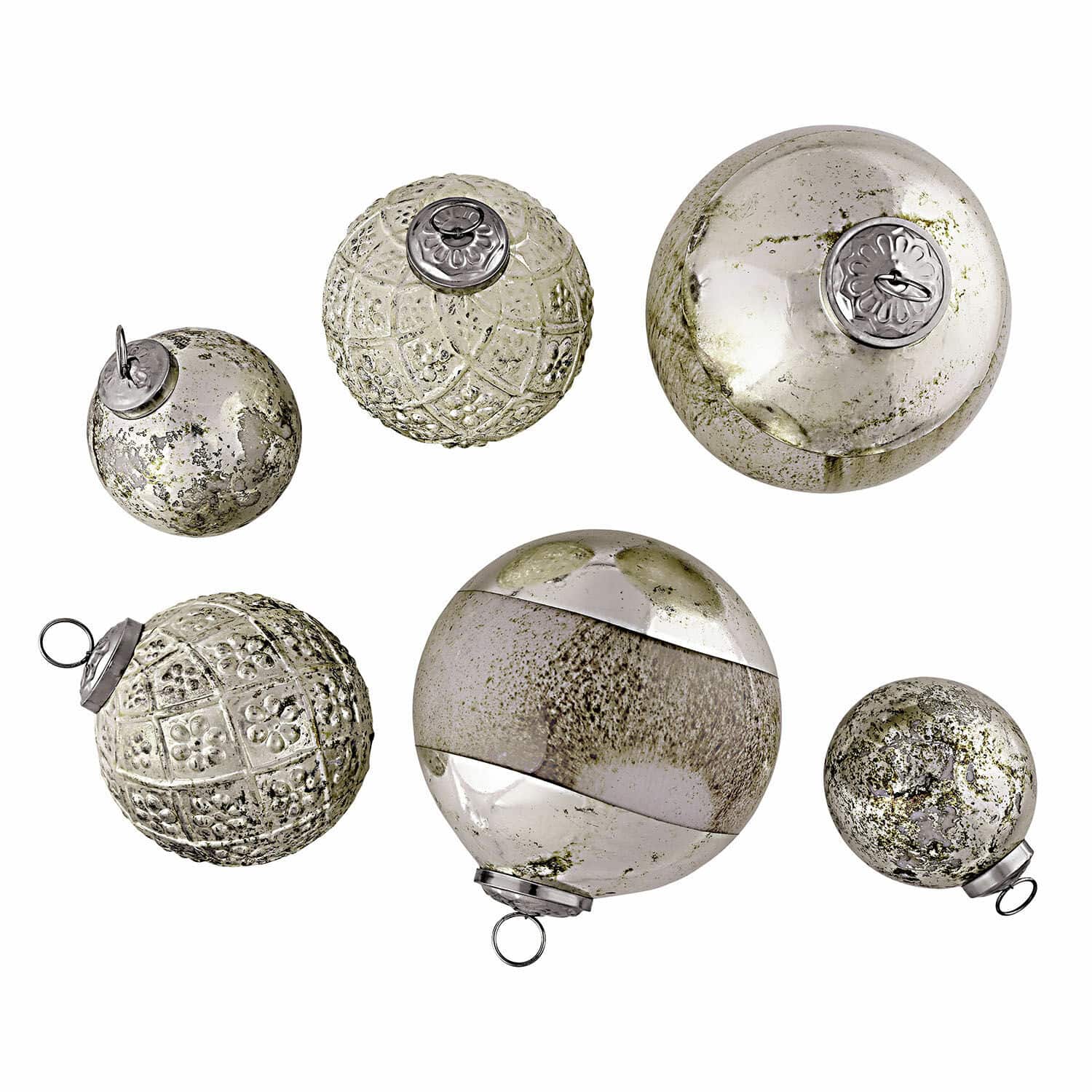 Lot de 6 boules de Noël Ephyriel Ensemble de six boules de Noël décoratives en verre argenté avec crochets métalliques