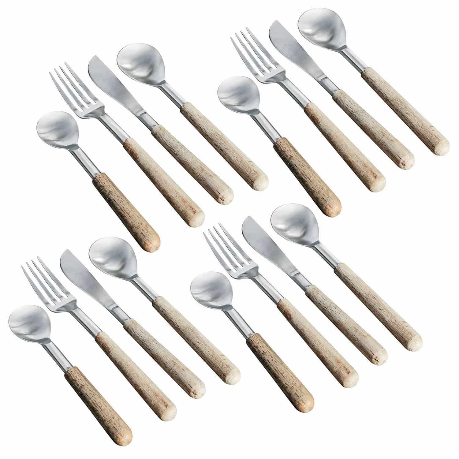 Service de couverts Myrdin avec manches en bois brun et parties métalliques, ensemble de 16 pièces