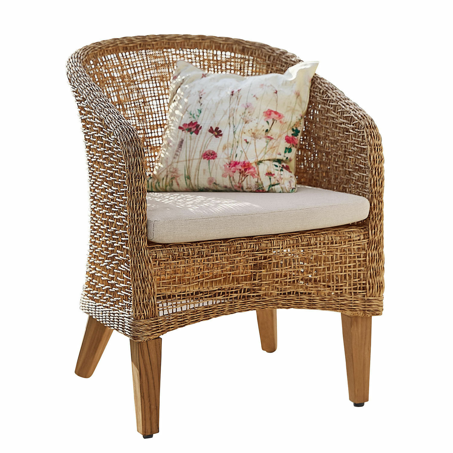 Fauteuil Redcliffe Fauteuil en rotin avec coussin clair et housse fleurie, matériau naturel et pieds en bois
