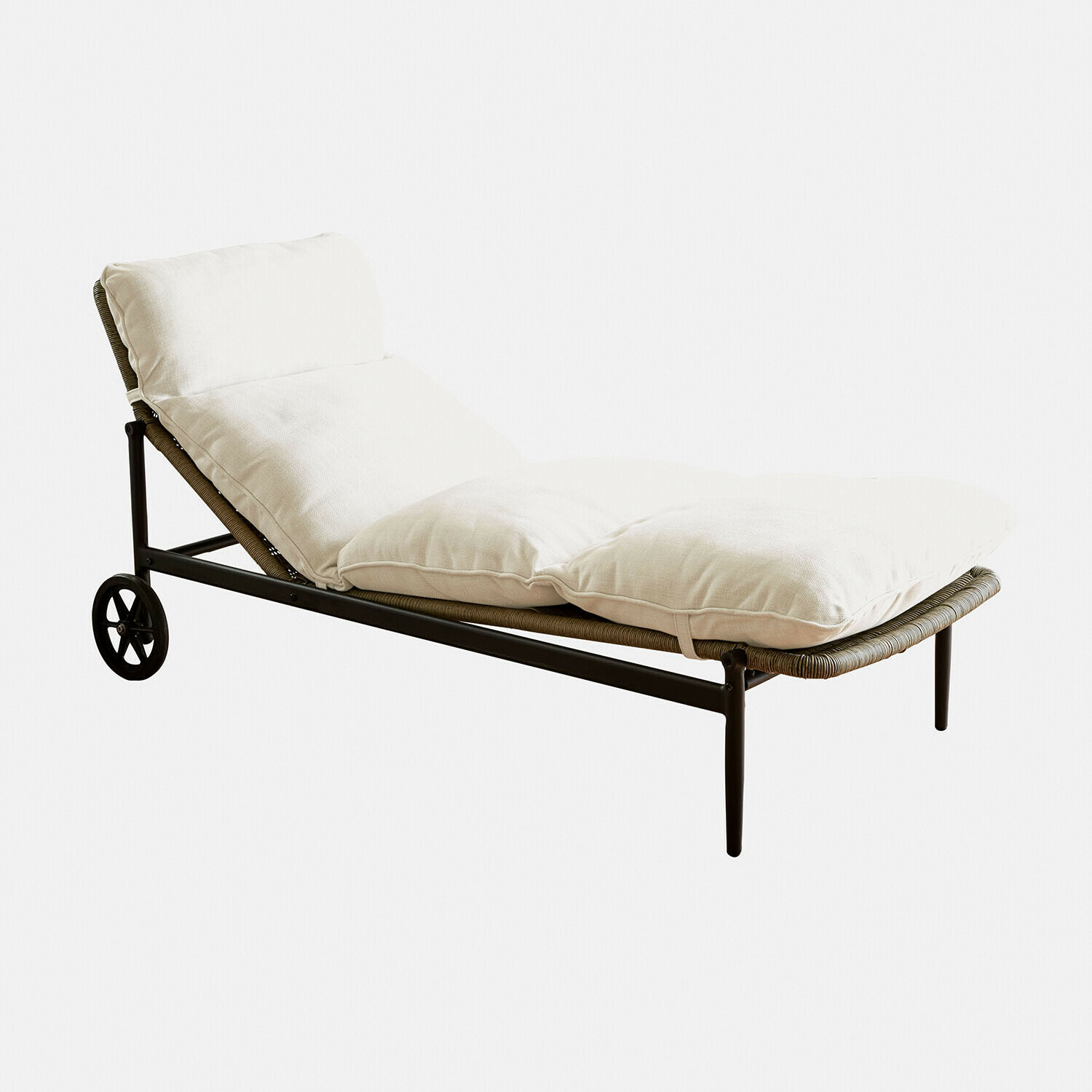 Chaise longue Langforda Chaise longue de jardin avec cadre en métal et coussin crème, mobilier confortable pour détente extérieure