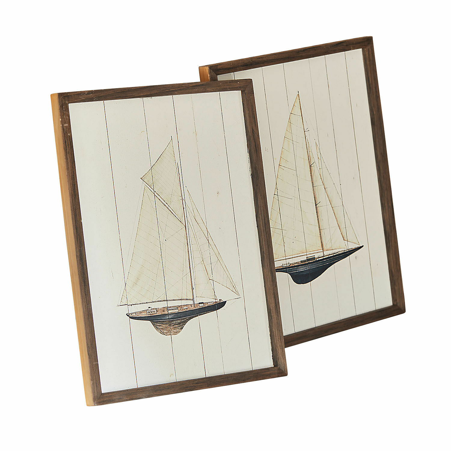 Lot de 2 tableaux Lemoux Deux tableaux en bois avec voiliers sur fond blanc, décoration murale style marin