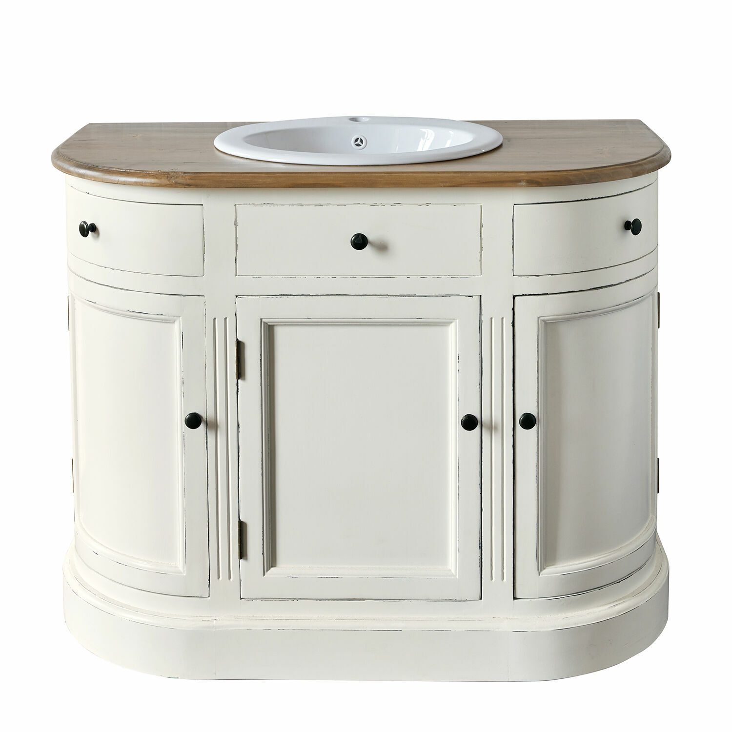 blanc vieilli/marron Meuble lavabo Louisiana blanc antique avec plan en bois et vasque en céramique, style vintage
