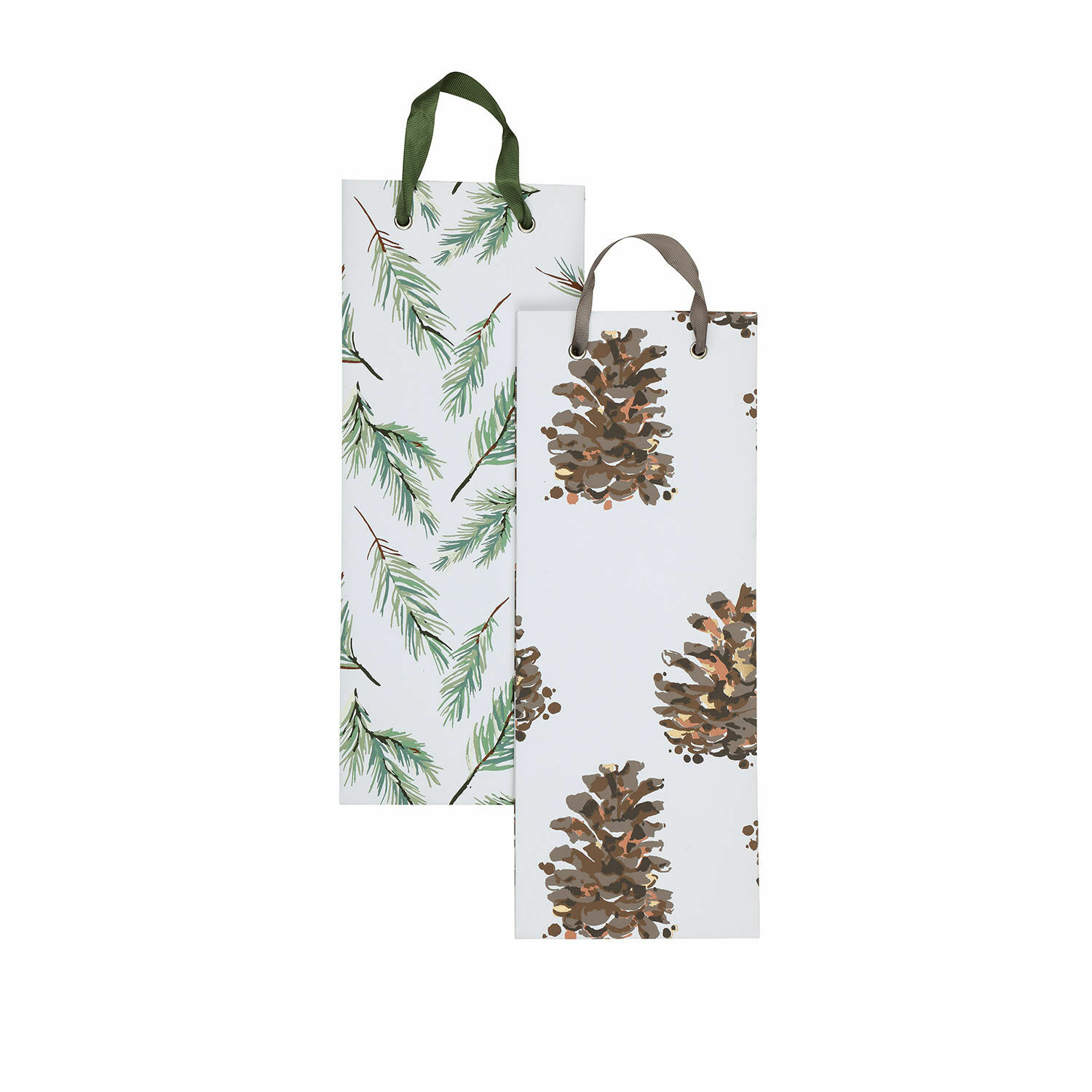 Kit emballages FSC®-Mix Jiva Ensemble de deux sacs en papier pour bouteilles avec motifs de pommes de pin et branches vertes et brunes
