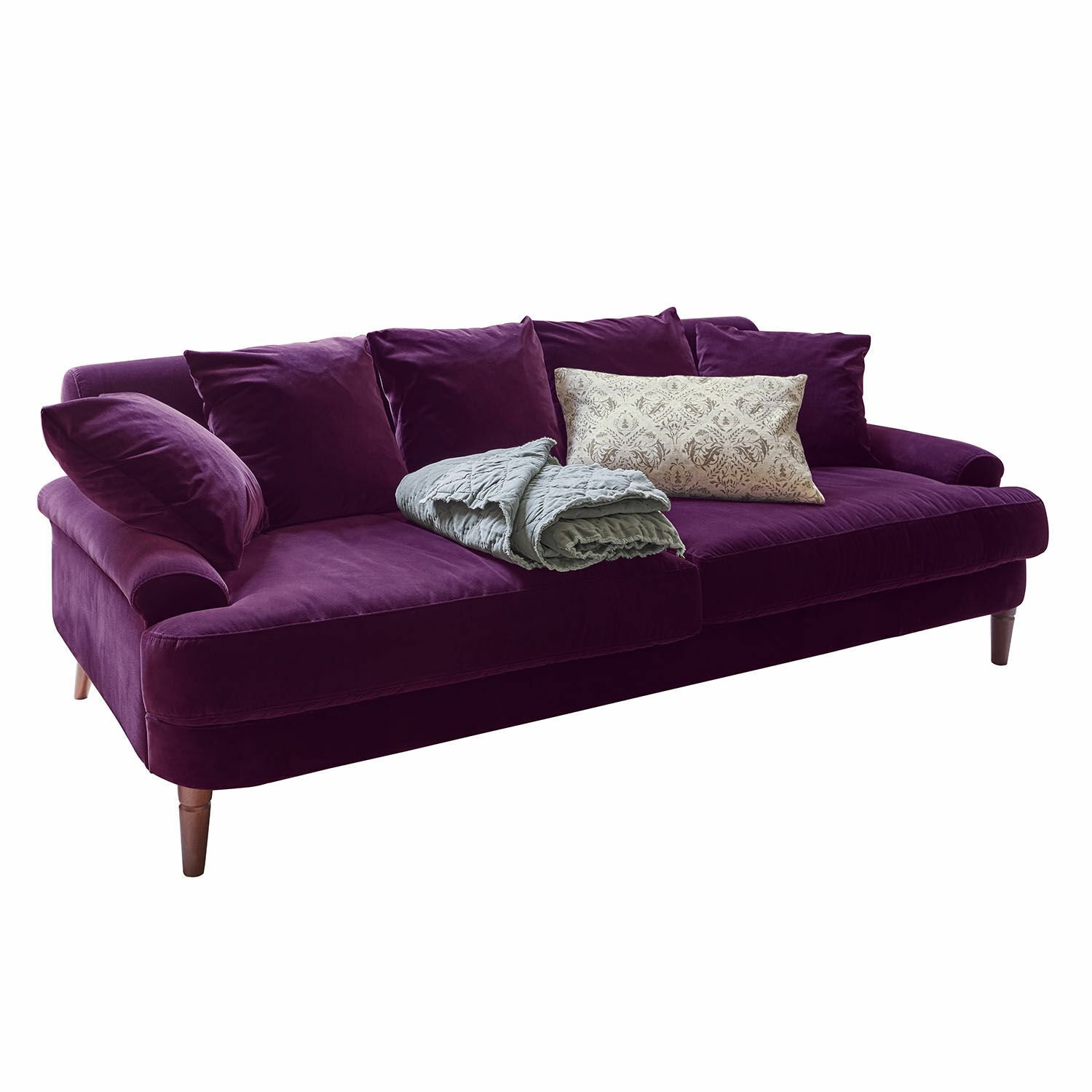 Canapé Rivermere Canapé violet en velours avec coussins et couverture grise, meuble moderne pour salon confortable