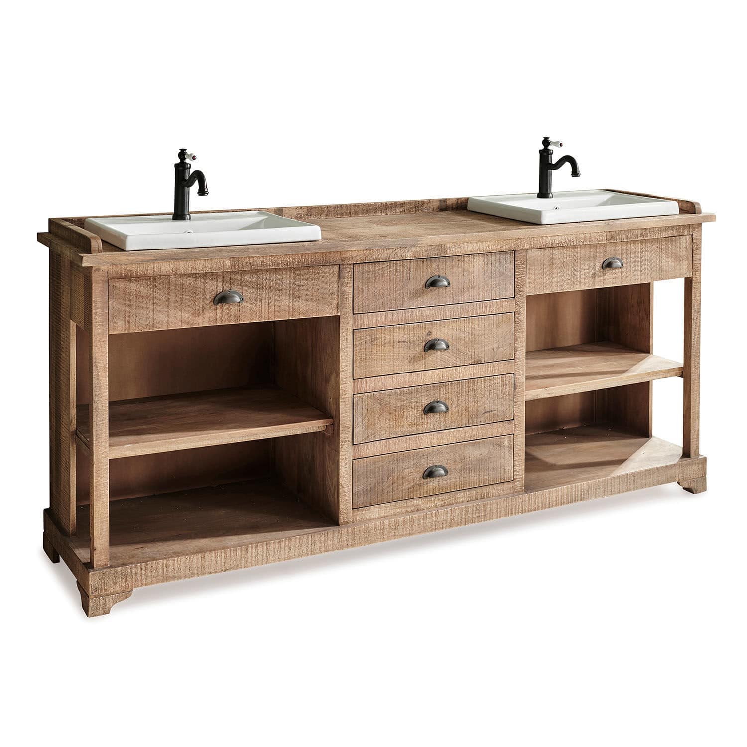 Meuble à double-vasque Farum Meuble de salle de bain en bois avec deux vasques blanches en céramique et robinets noirs