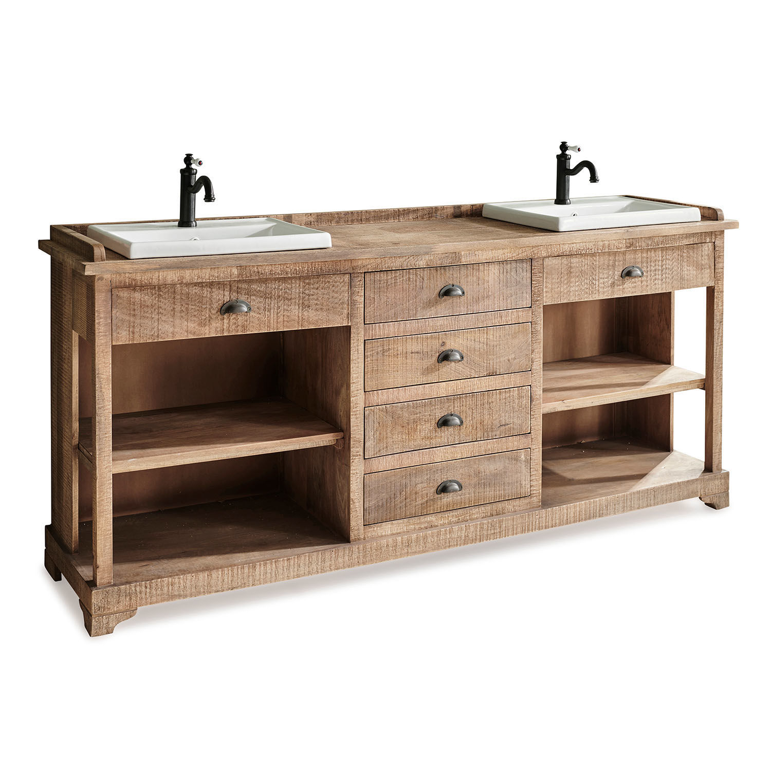 Meuble à double-vasque Farum Meuble de salle de bain en bois avec deux vasques blanches en céramique et robinets noirs