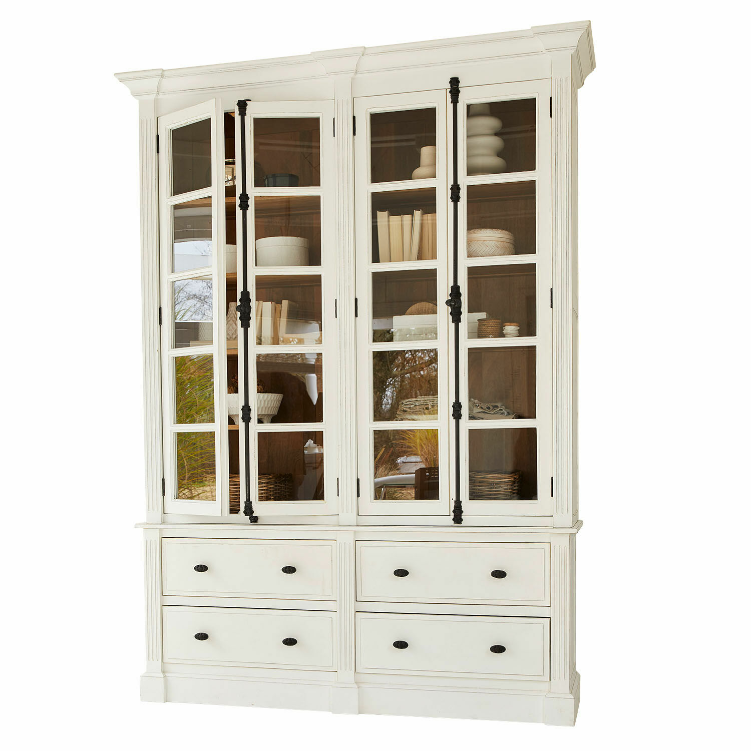 Bibliothèque Laimont Vitrine en bois blanc avec portes vitrées et poignées noires, meuble de salon élégant