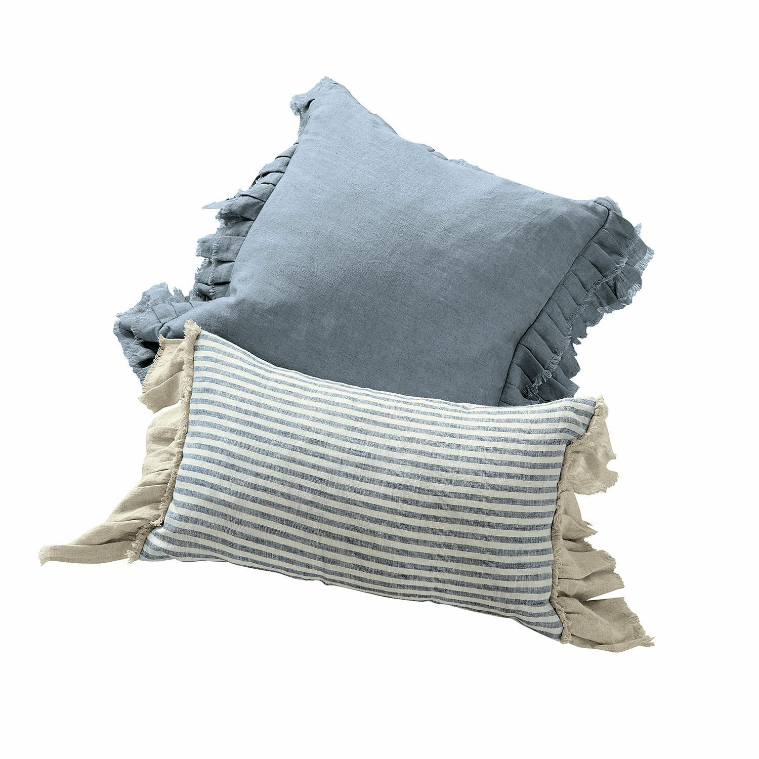Lot de 2 housses de coussins Alexane Ensemble de deux coussins décoratifs en lin bleu et beige avec volants pour salon