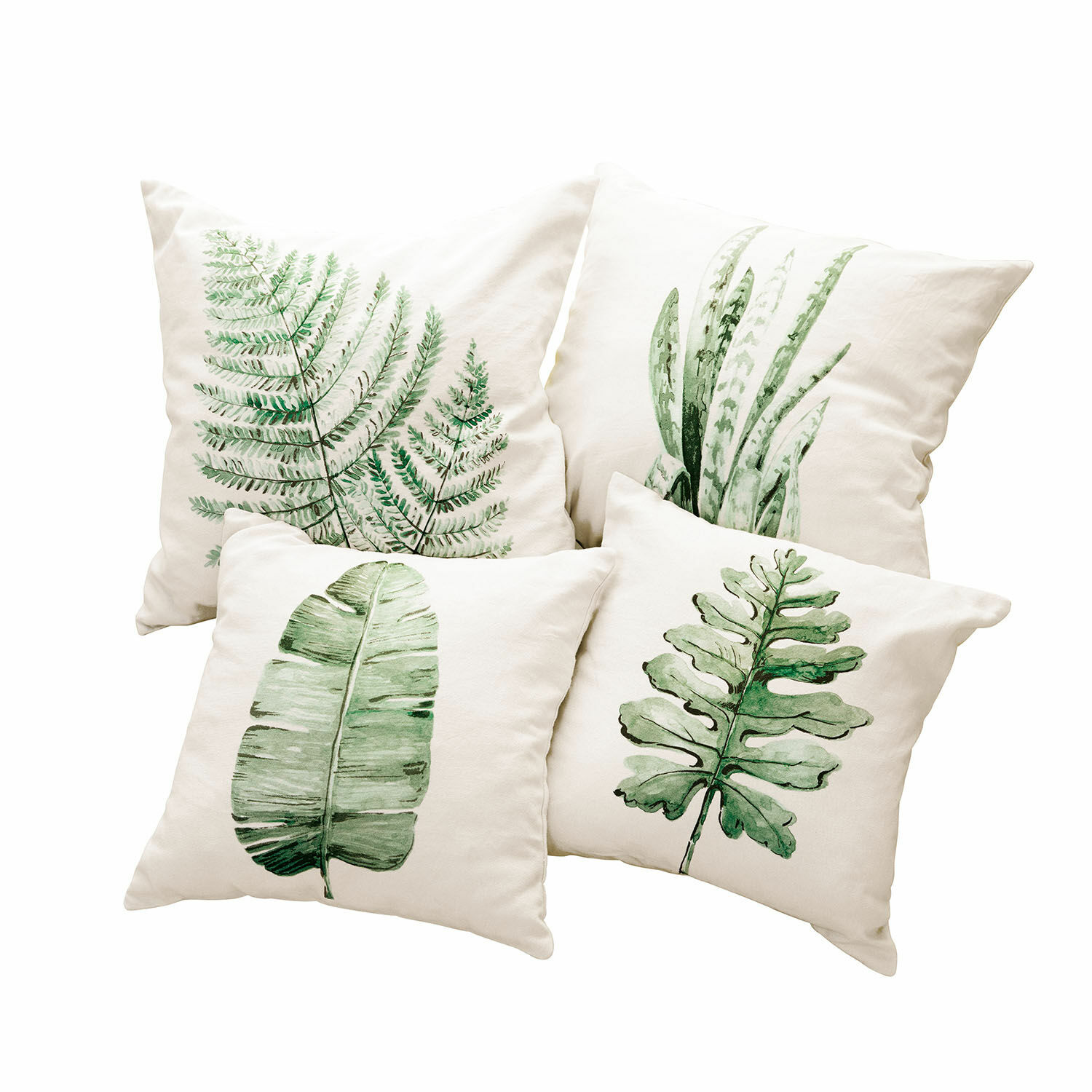 Lot de 4 housses de coussins Marly Ensemble de quatre coussins crème avec imprimés de feuilles vertes, décoration intérieure naturelle