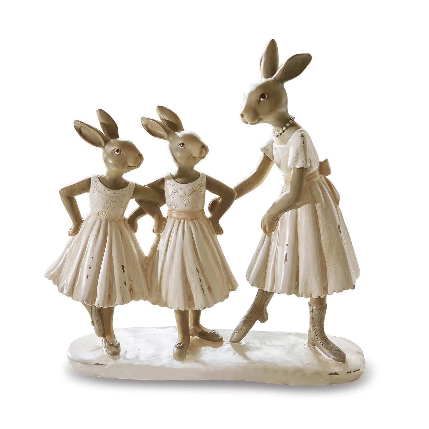Lapins Danseuses Figurines de trois lapins en robes crème en matériau, décoration de Pâques pour intérieur