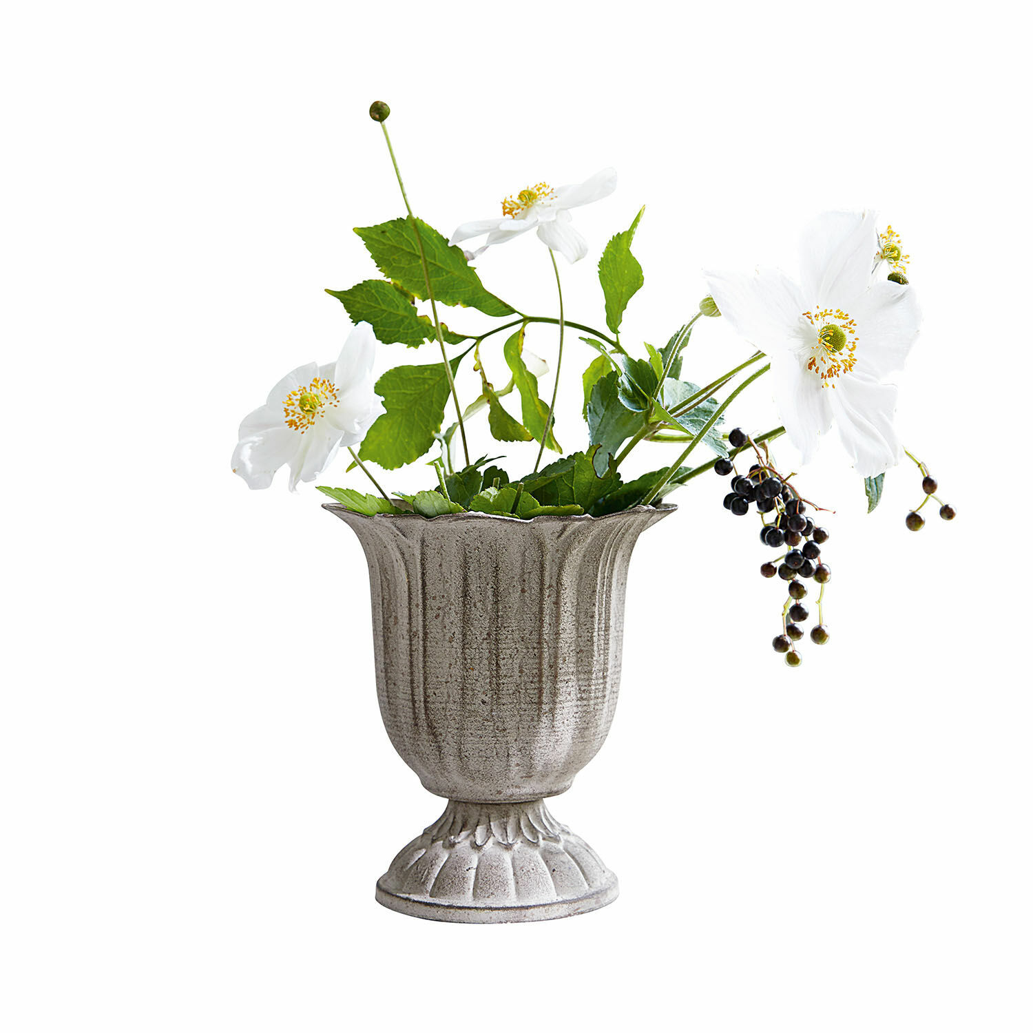 Vase Hanson Vase en céramique grise avec fleurs blanches et feuilles vertes pour décoration intérieure
