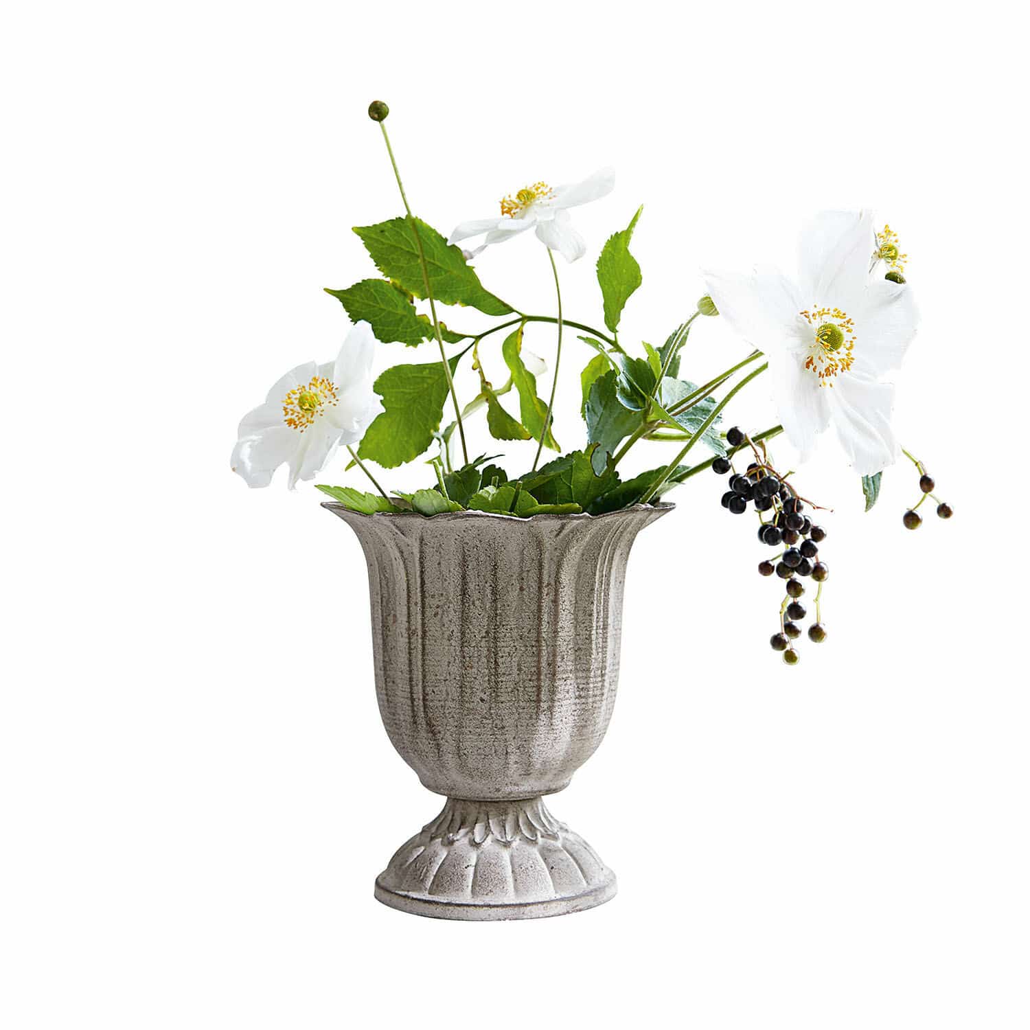 Vase Hanson Vase en céramique grise avec fleurs blanches et feuilles vertes pour décoration intérieure