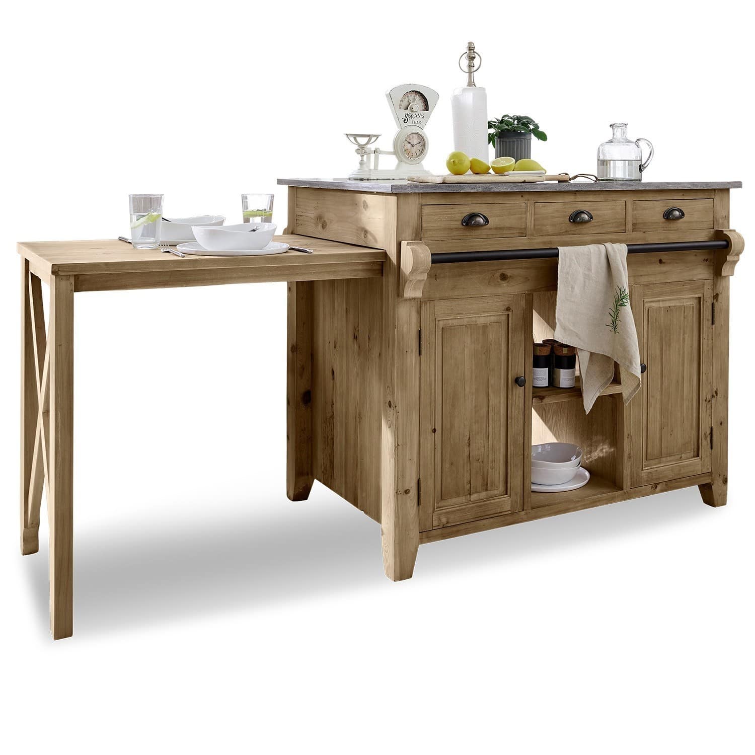 Îlot de cuisine Évain Îlot de cuisine en bois naturel avec table pliante et tiroirs, style rustique