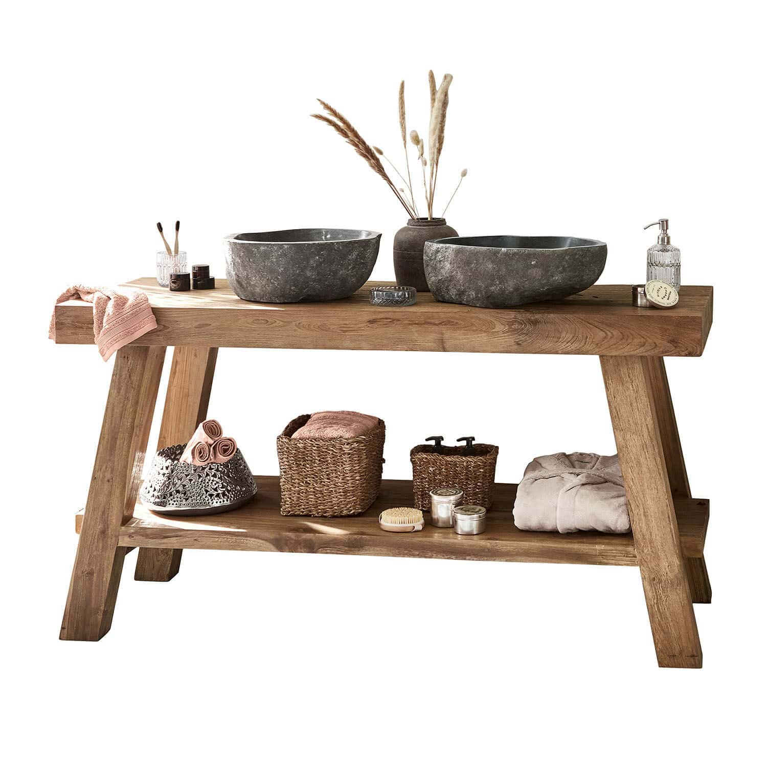 Meuble à double-vasque Eguenigue Console de salle de bain en bois avec vasques en pierre et accessoires naturels pour rangement