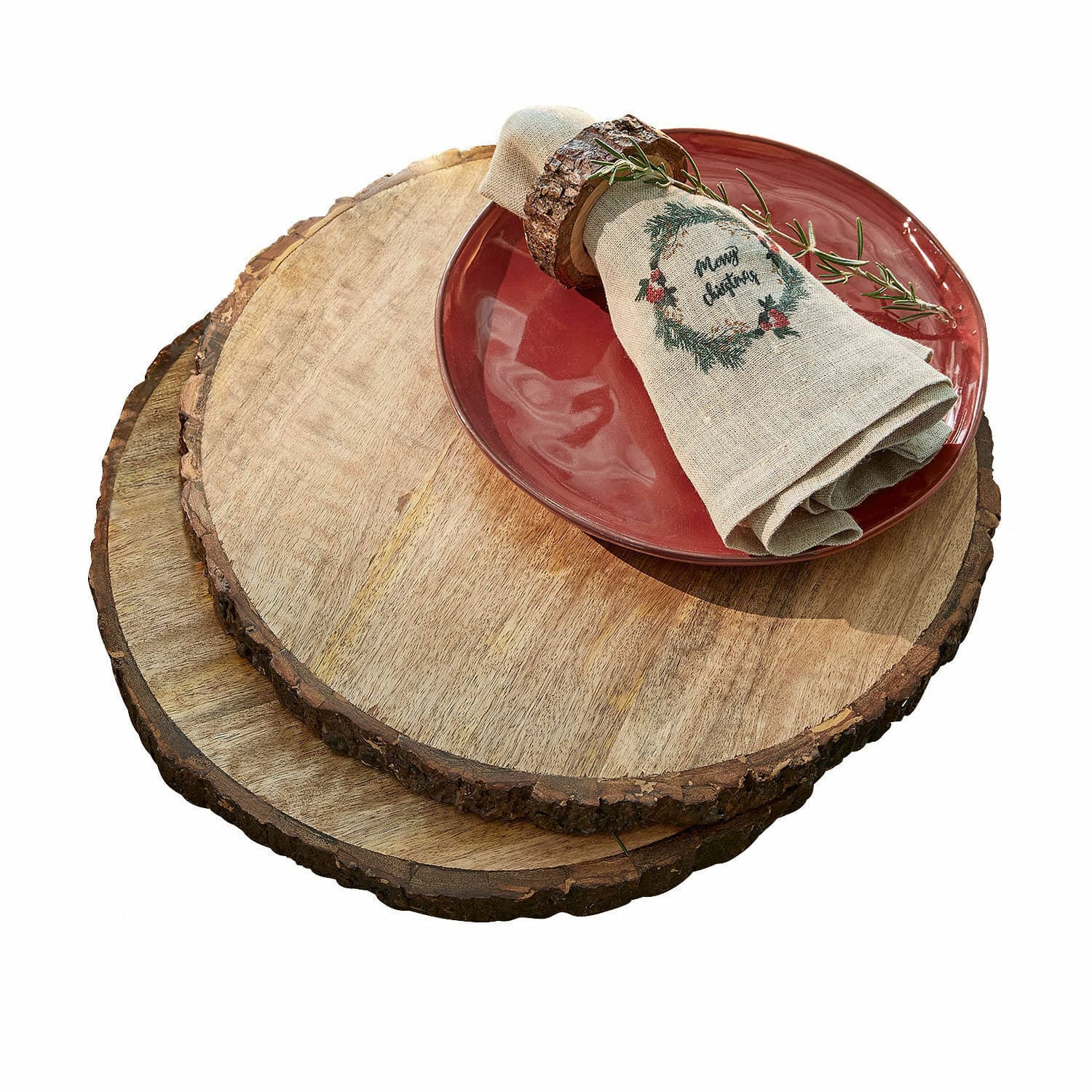 Lot de 2 planches en bois Danice Sous-assiettes en bois naturel avec écorce, décoration rustique pour table