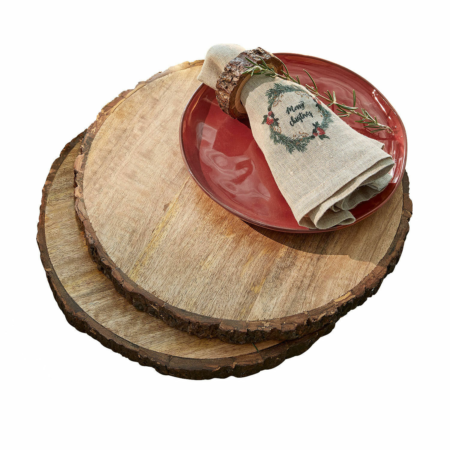 Lot de 2 planches en bois Danice Sous-assiettes en bois naturel avec écorce, décoration rustique pour table