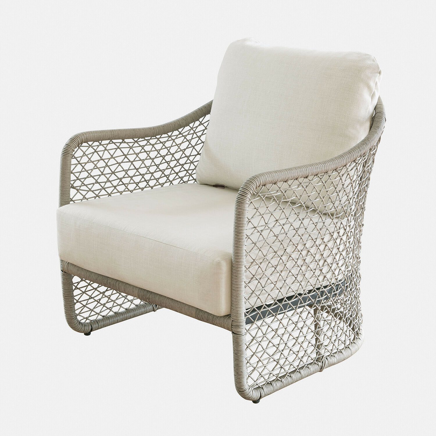 Fauteuil Langforda Fauteuil avec coussin beige et structure en rotin gris tressé, meuble moderne confortable