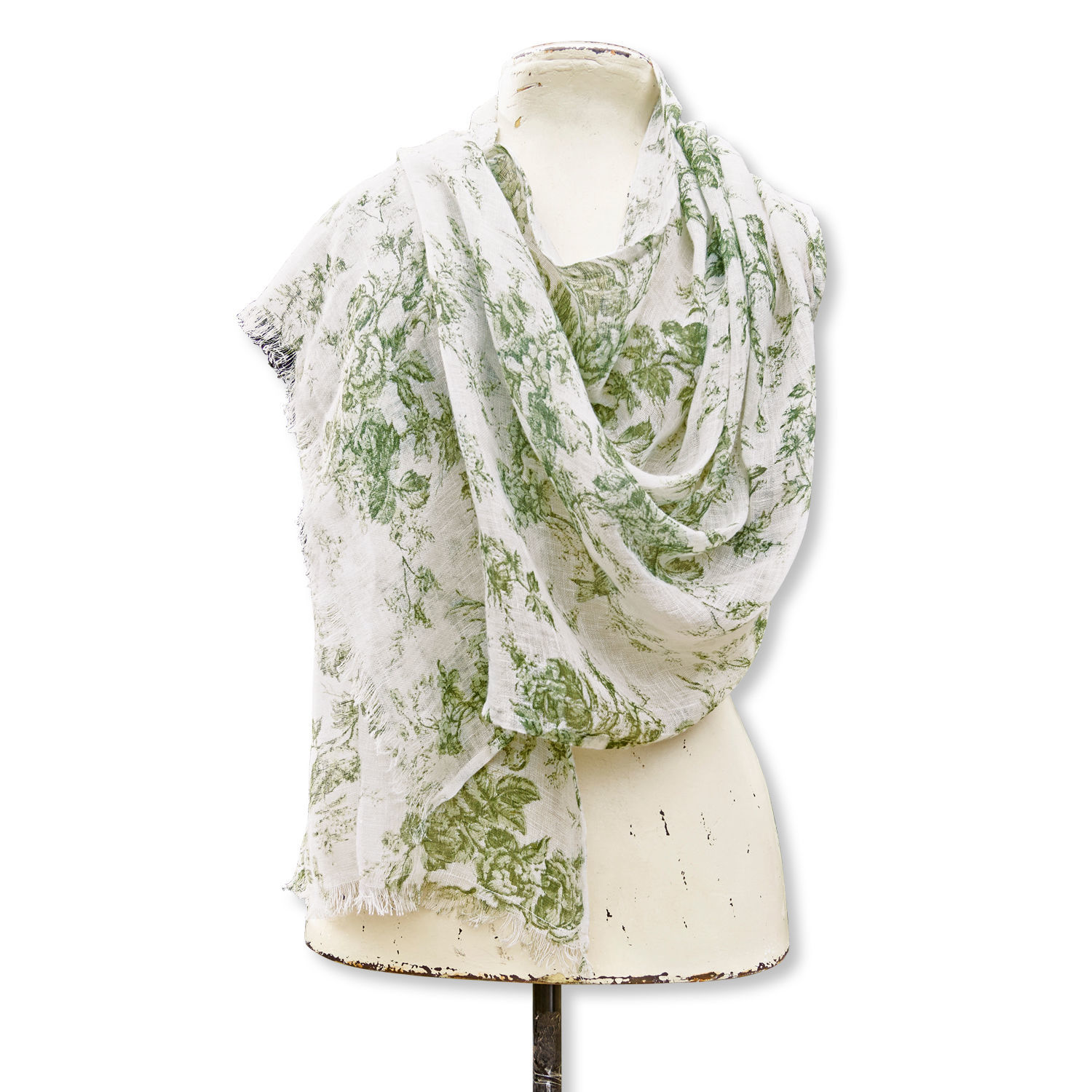 Étole Mercier Écharpe légère blanche à motif floral vert en tissu naturel, accessoire de mode printanier