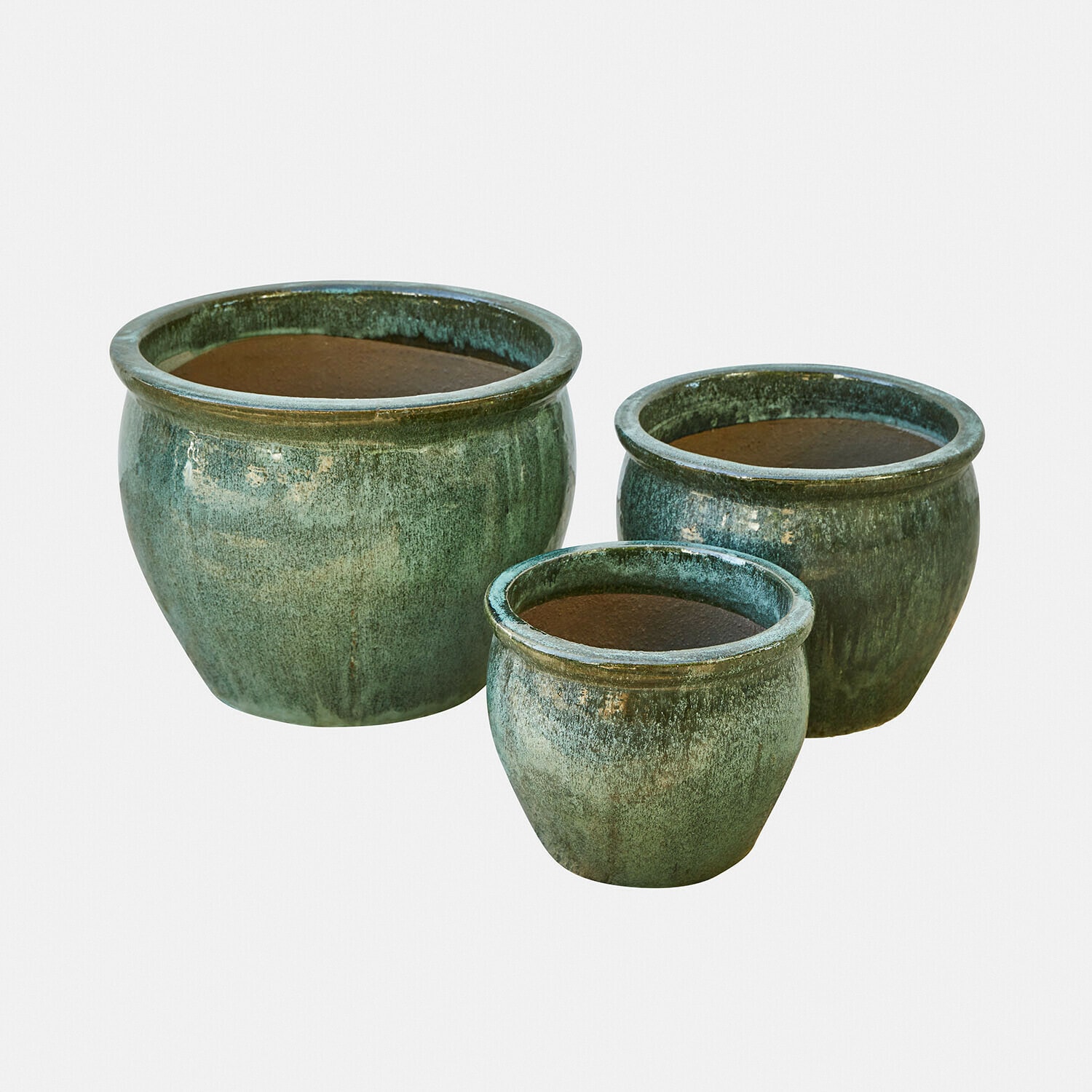 Lot de 3 cache-pots Mareenah Ensemble de trois pots en céramique verte au style rustique pour jardin et intérieur